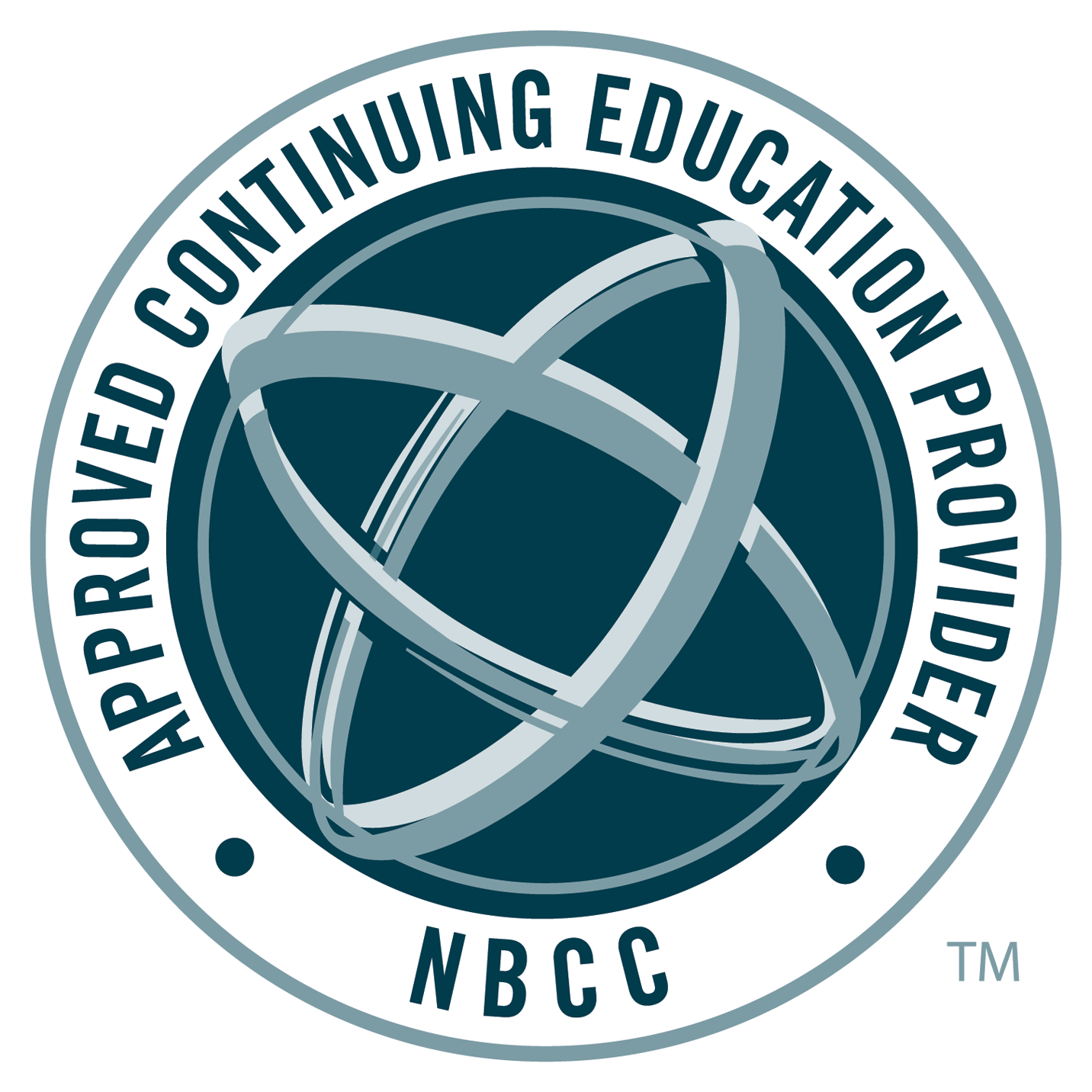 A circular emblem with the words 'Approved Continuing Education Providers' around the top and 'NBCC' at the bottom. In the center, there is a depiction of interconnected metallic rings or loops.