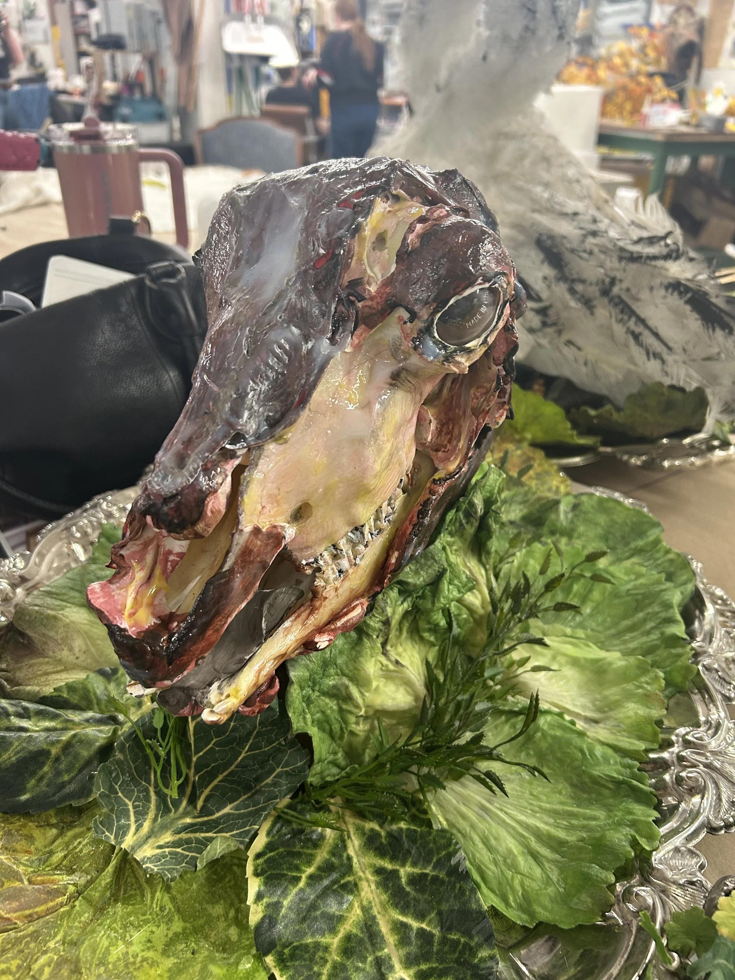 sheep skull, partially eaten (resin, plastic ball, air dry foam, power mesh coated in crystal gel)