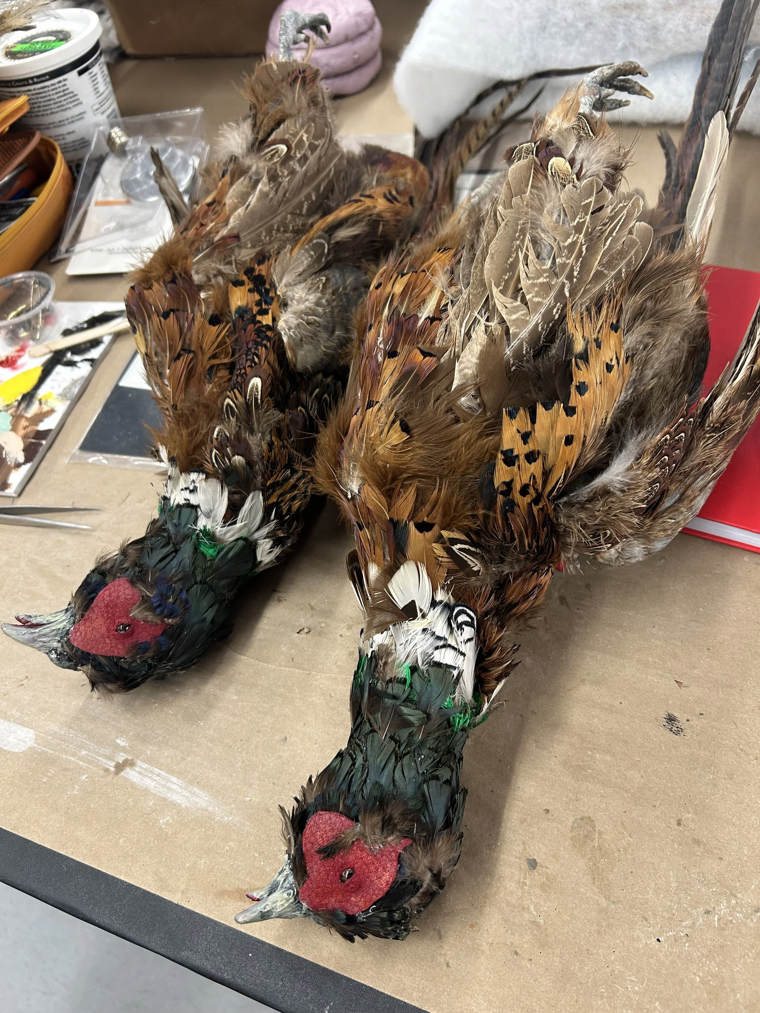 dead pheasants (polyfill, faux fur, leather, feathers, apoxie sculpt)