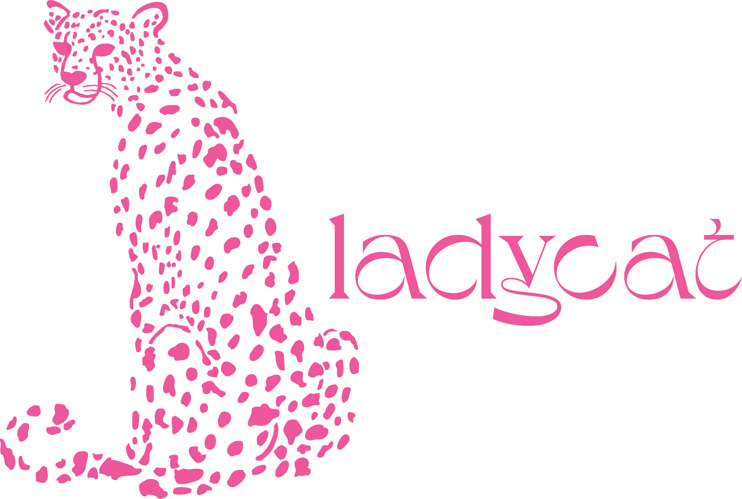 Pink stylized leopard illustration with the word 'ladycat' on a black background.