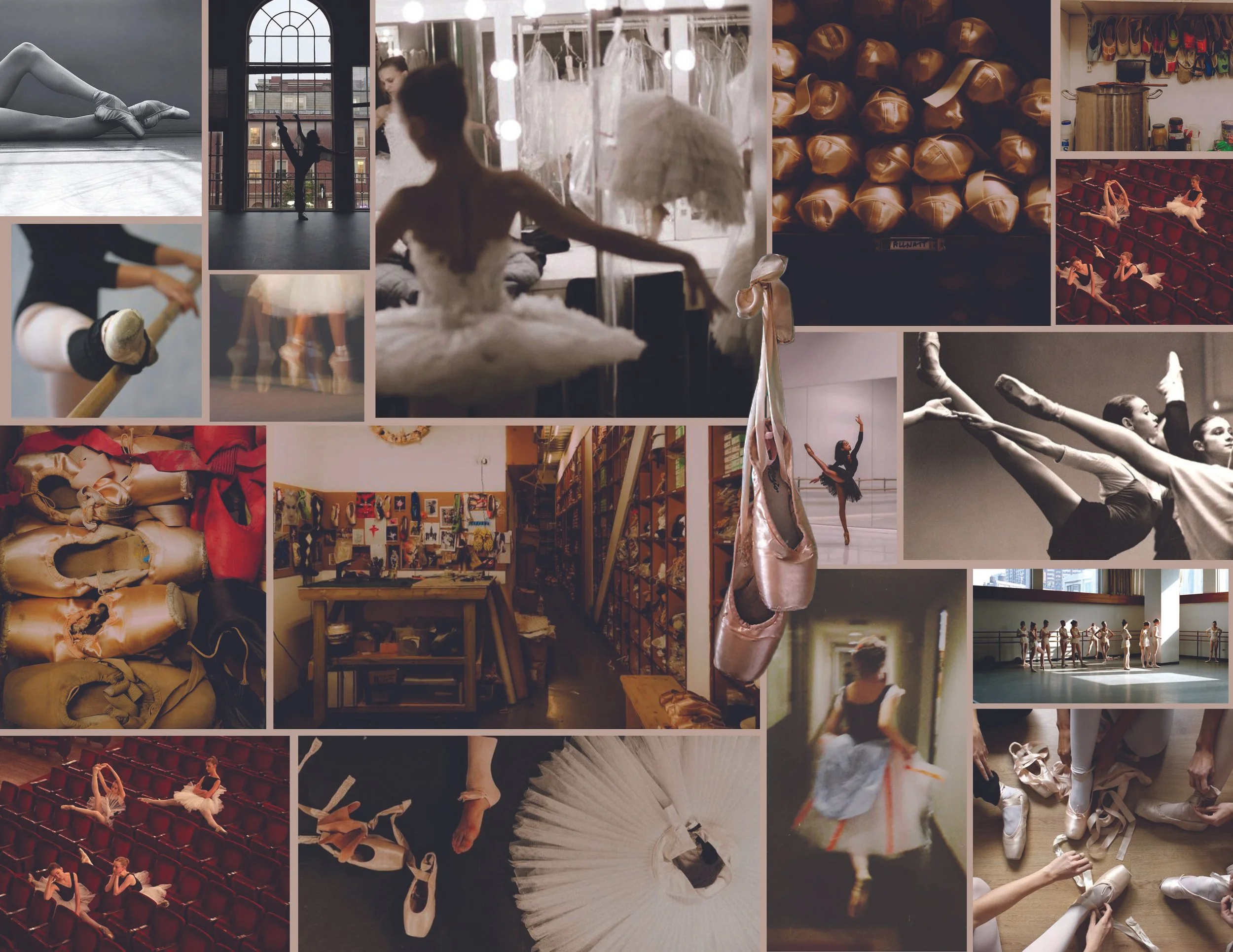 Collage of ballet-related images including dancers practicing, ballet shoes, costumes, backstage preparations, and ballet performances.