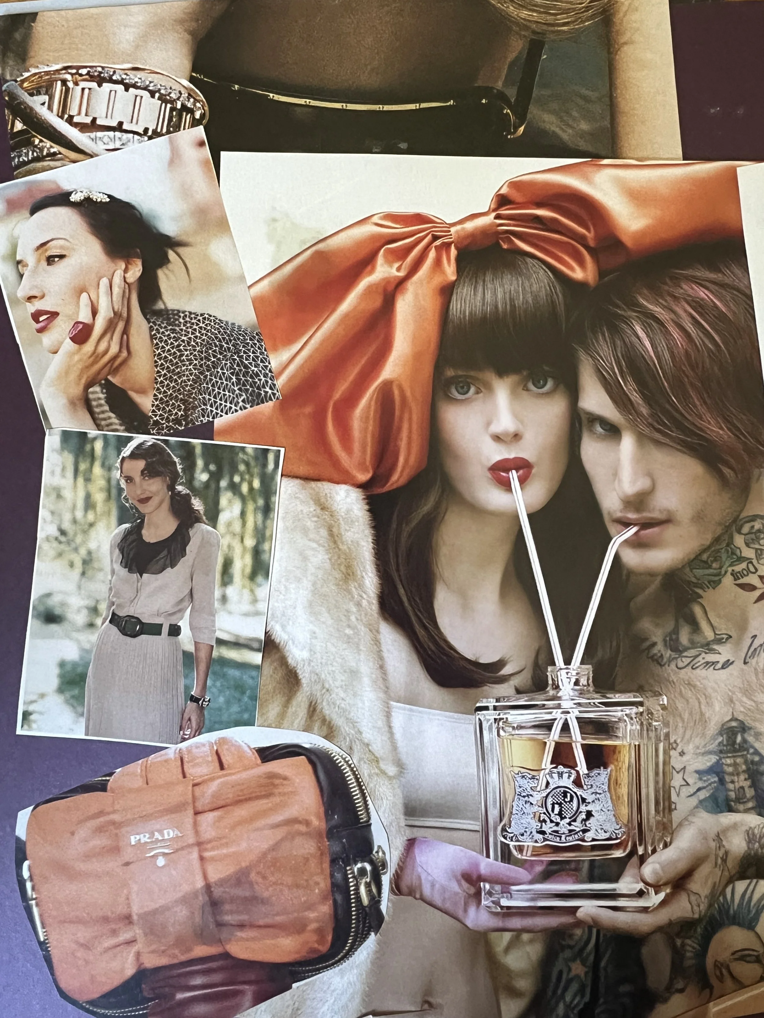 A collage featuring two women with tattoos, one holding a Prada pouch, and two smaller photos of women in stylish outfits. The main focus is on the two women drinking from perfume bottles with straws.