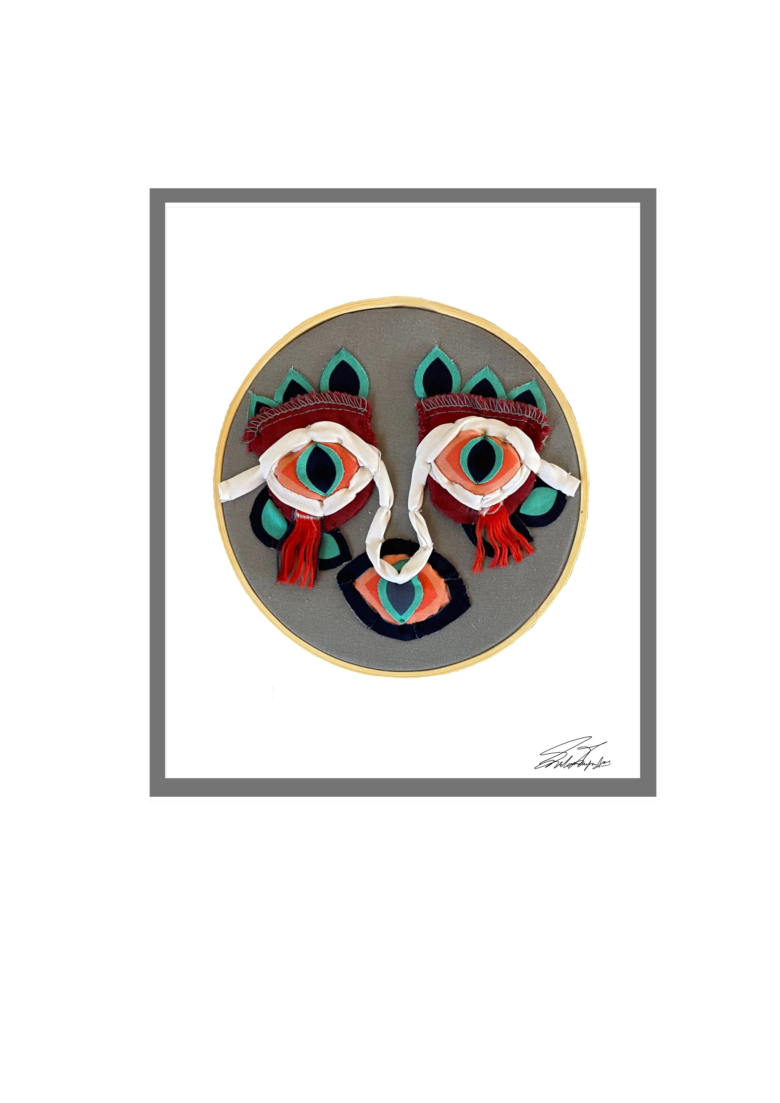 Echoes of Greece - 3D mixed media textile artwork featuring embroidered and padded fabric with beading, inspired by Greek color palettes and patterns [16x16cm]