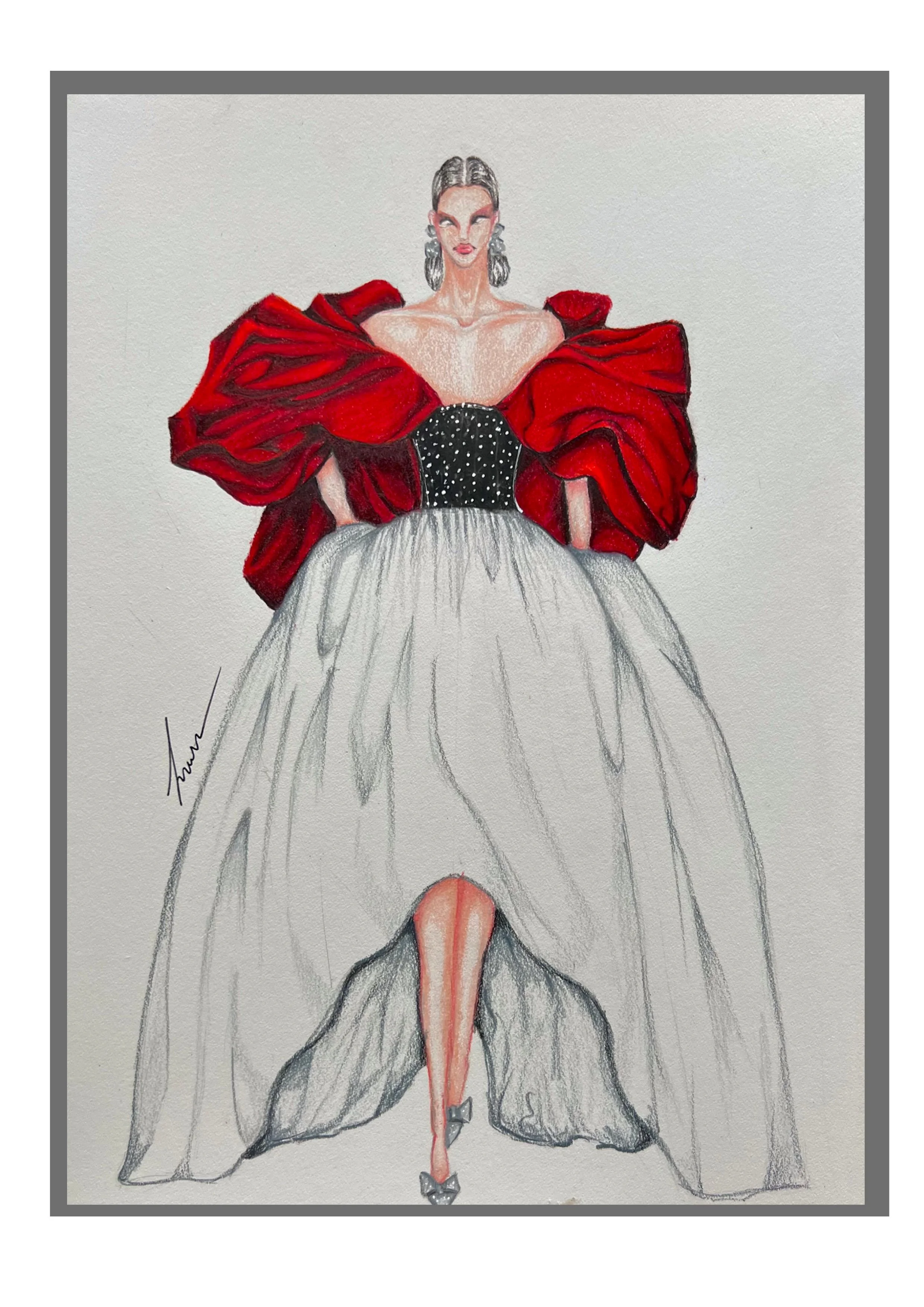 Fashion Illustration of Saiid Kobeisy's Fall/Winter 2023/24 Couture - Colored Pencil on Bristol Vellum Surface Paper [22.9x30.5cm]