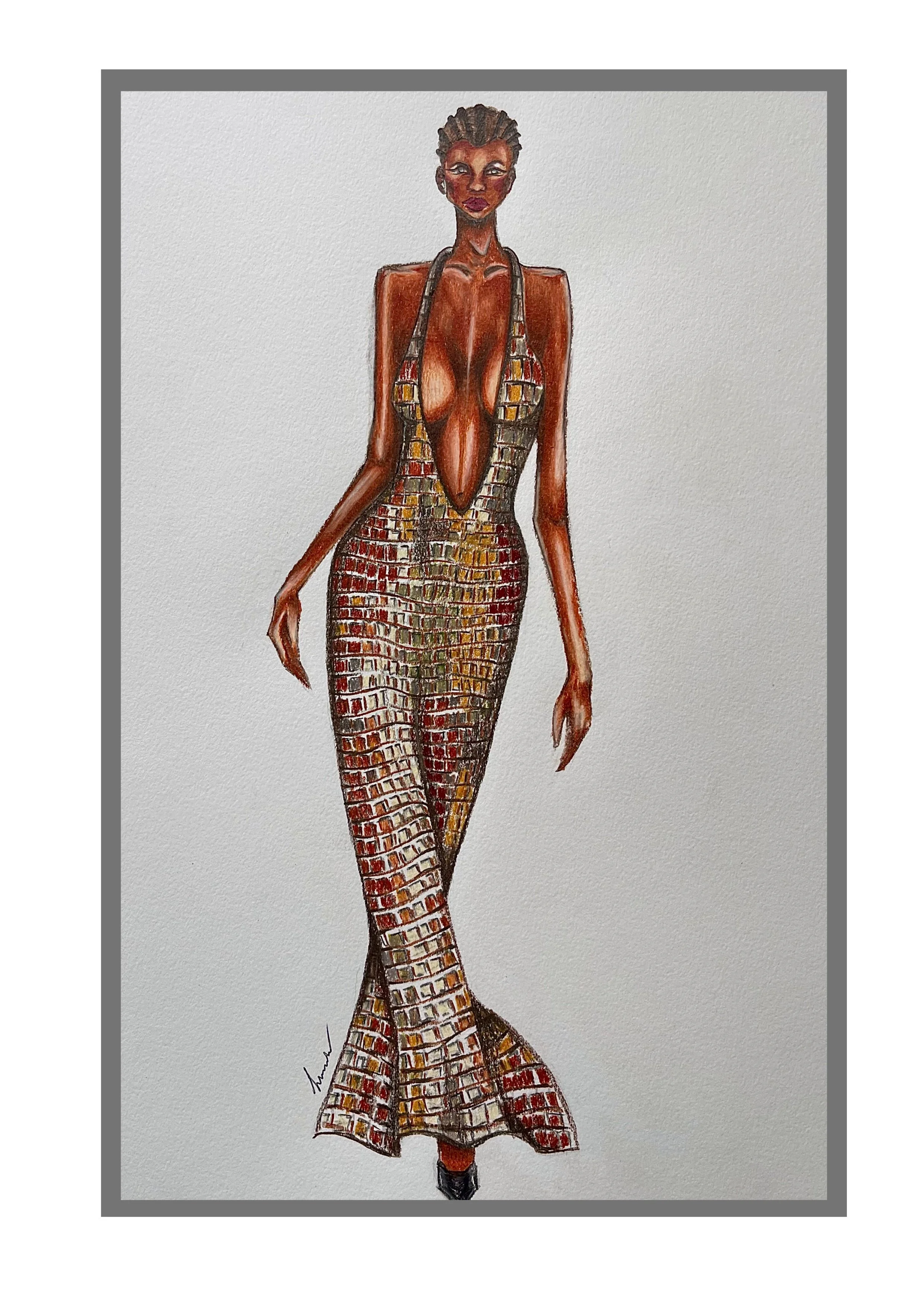 Fashion Sketch - Colored Pencil on Canson Mixed Media Medium Grain Vellum Surface Paper [27.9x35.6cm]