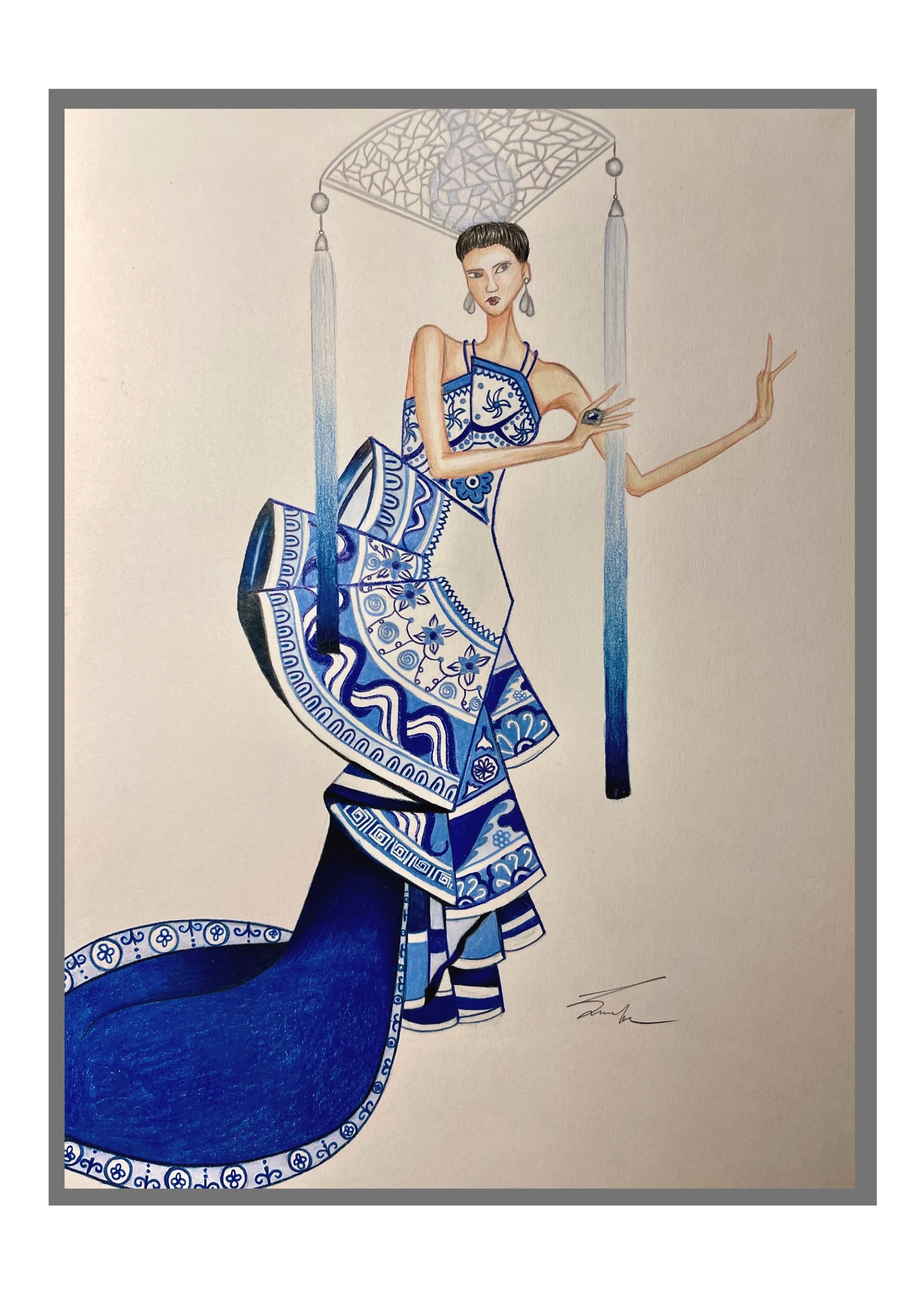Fashion Illustration of Guo Pei's Blue and Porcelain Dress - Colored Pencil on Bristol Vellum Surface Paper [22.9x30.5cm]