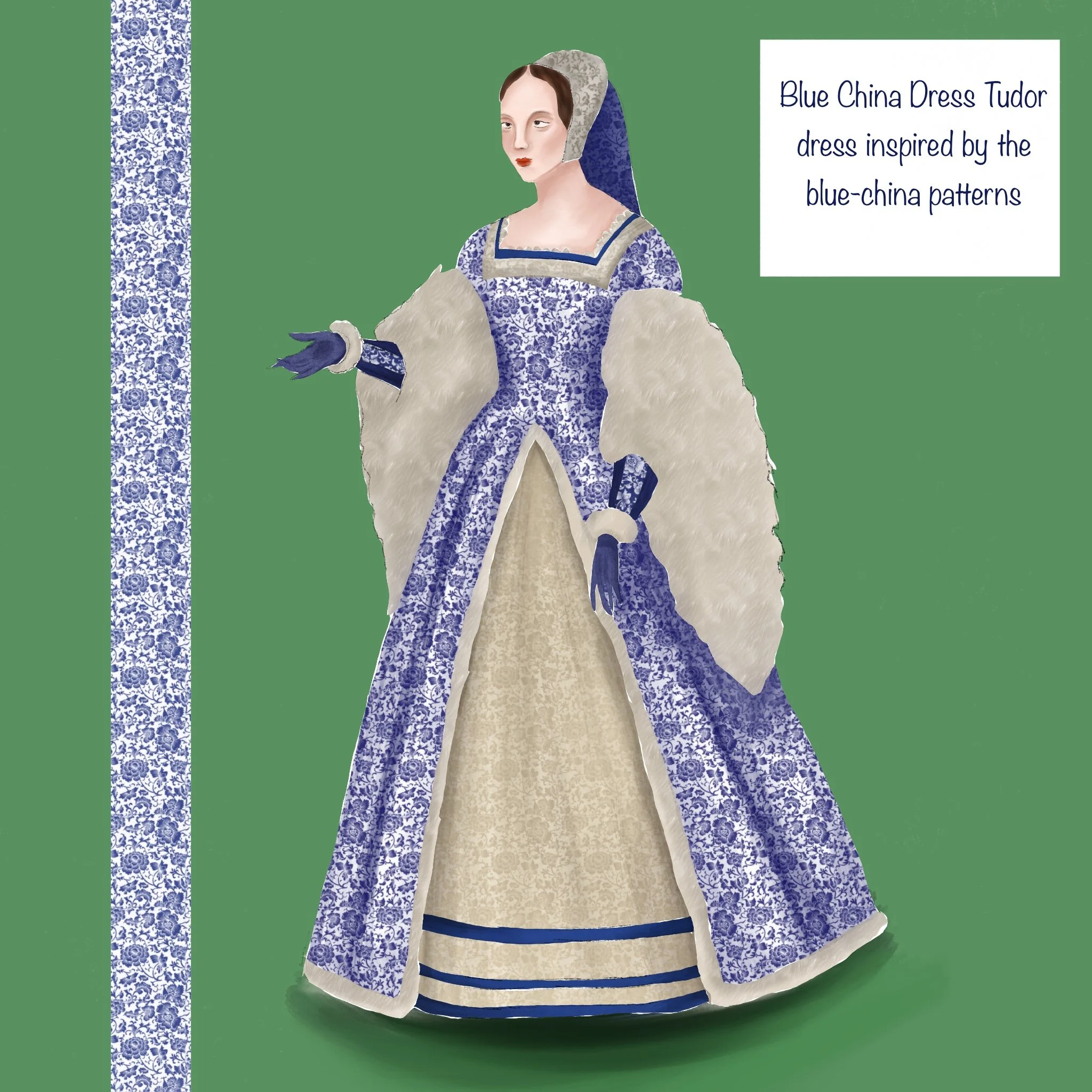 Costume Rendering - Tudor Blue China Dress -Digital Work - Procreate App [21.6x27.9cm]