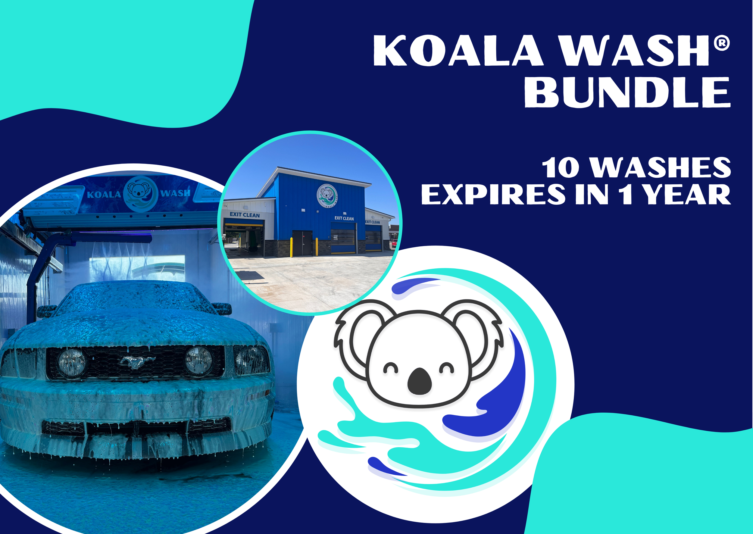 Blue building with a sign that says 'Koala Wash' and an image of a koala, along with a circular image of a blue car being washed with water spraying on it.