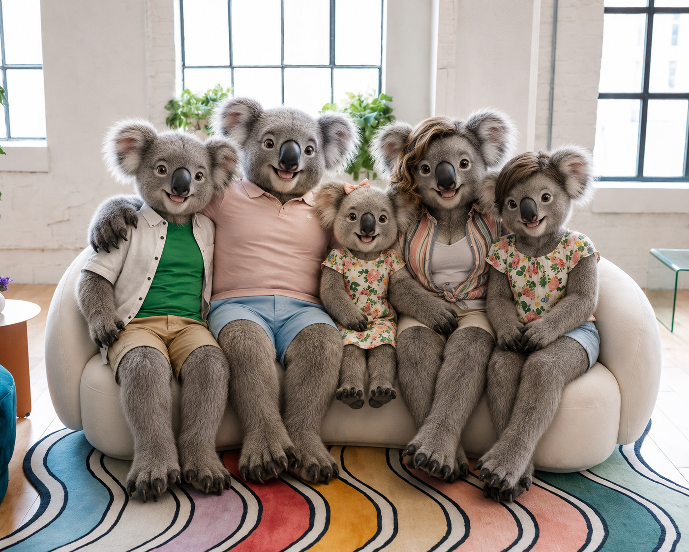 Family of five dressed as koalas sitting on a white sofa in a bright room with large windows, colorful striped rug, and green plants.