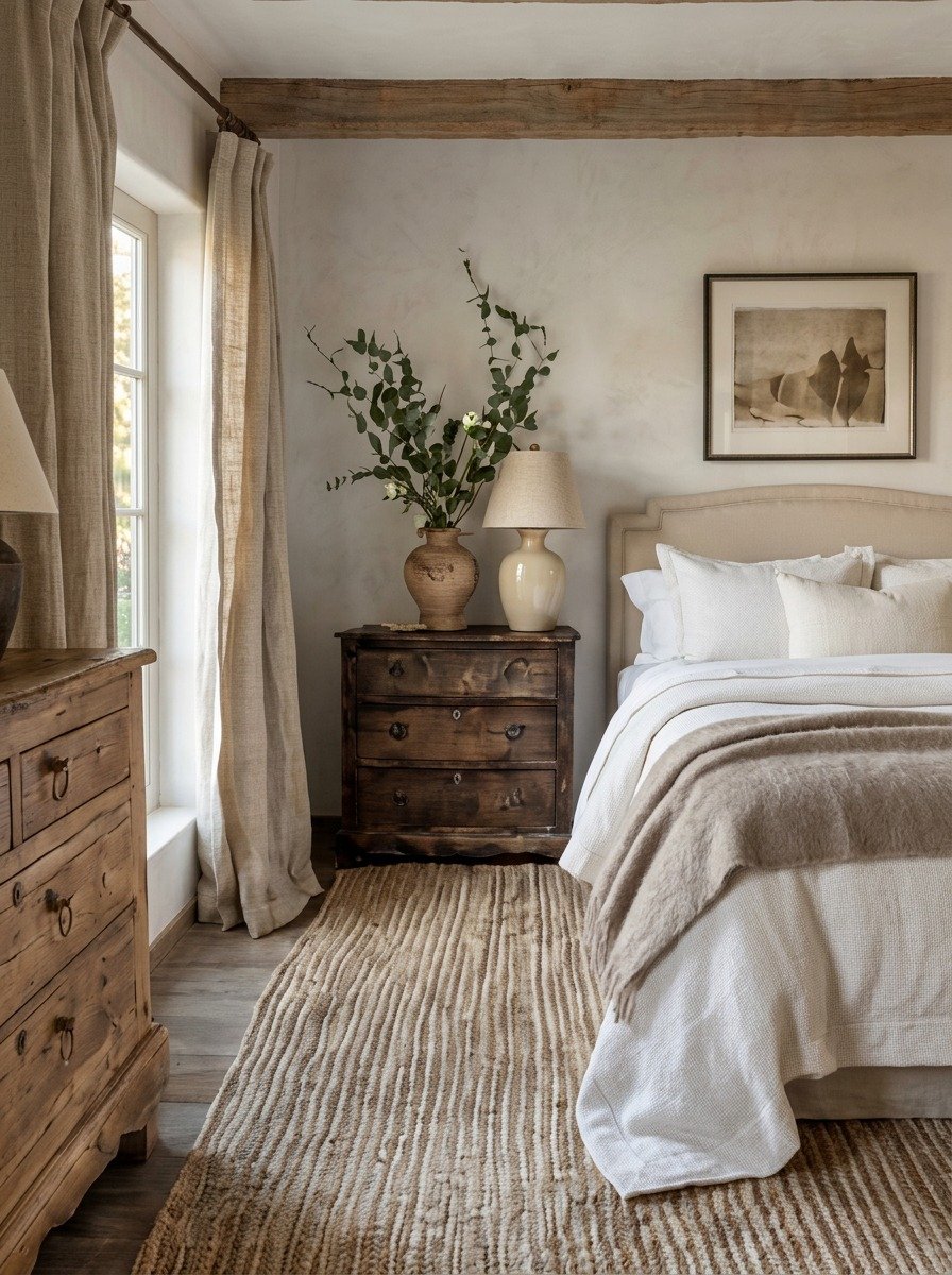 A cozy bedroom with a bed, beige bedding, and a throw blanket. There's a wooden nightstand with a large vase holding green branches, a table lamp, and a framed abstract art piece on the wall. The room has a window with beige curtains and a striped beige rug on the floor.