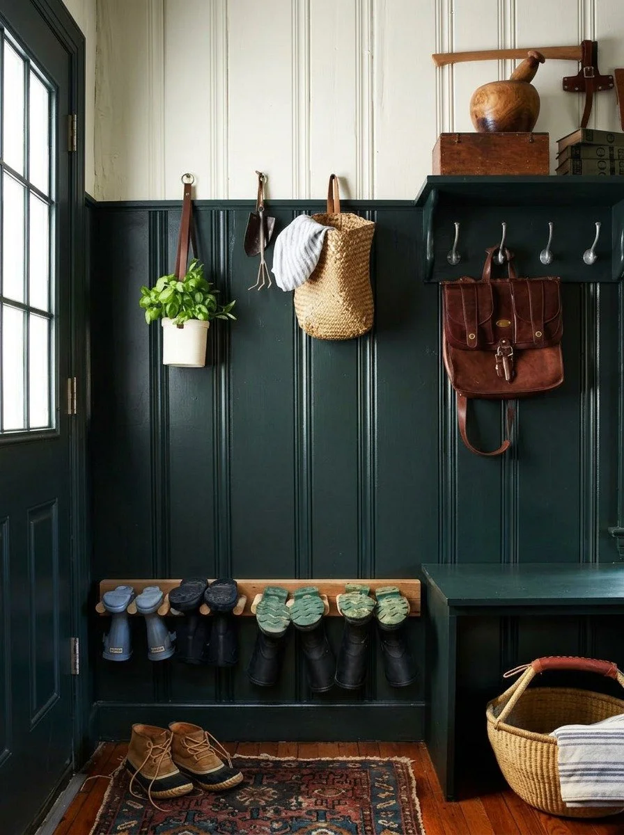 Entryway with dark green wainscoting, hooks holding a plant, bag, and scarf, shoes on a wooden rack, a basket on a bench, and a door with window panels.