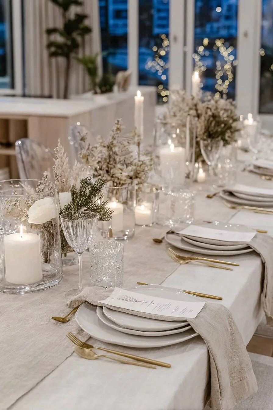 Moderne Weihnachtstafel mit Leinen, Goldbesteck, Glasleuchtern und feinen Winterzweigen in warmem Kerzenlicht.