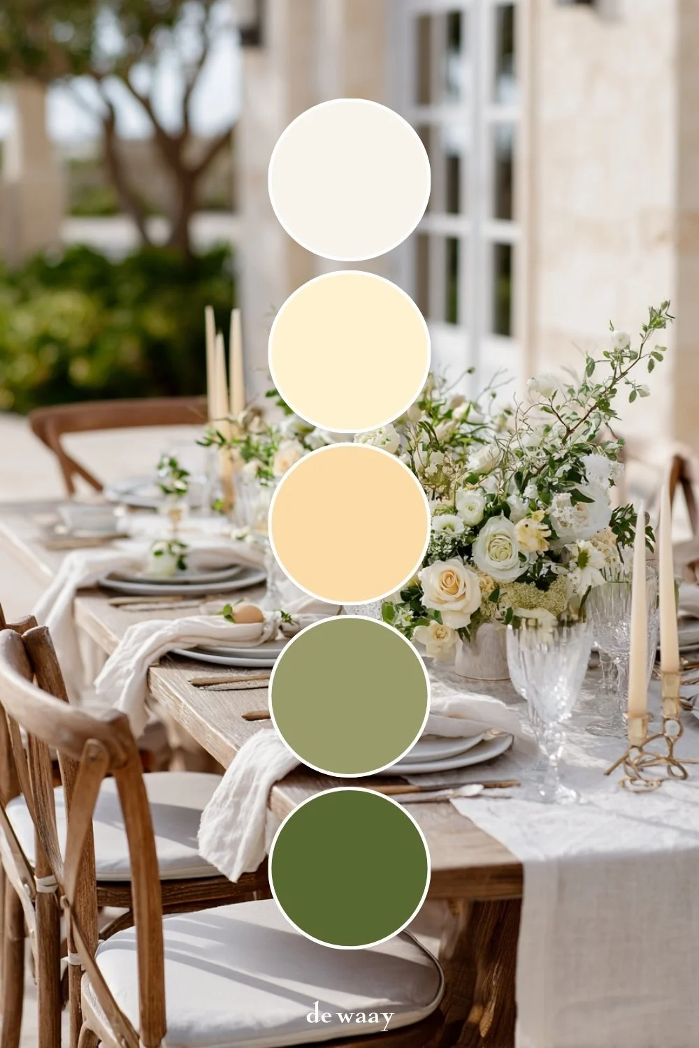 Farbpalette für Tischdeko zu Ostern in Weiß, Creme, Buttergelb und Grün vor einer elegant gedeckten Ostertafel