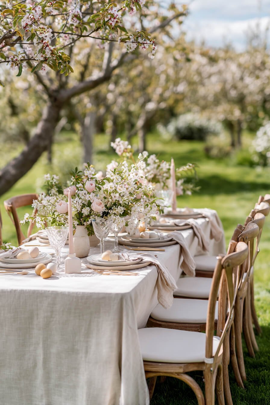 Natürliche Tischdeko zu Ostern im Garten mit Holzstühlen, Leinen, Frühlingsblüten und Eiern in Naturtönen