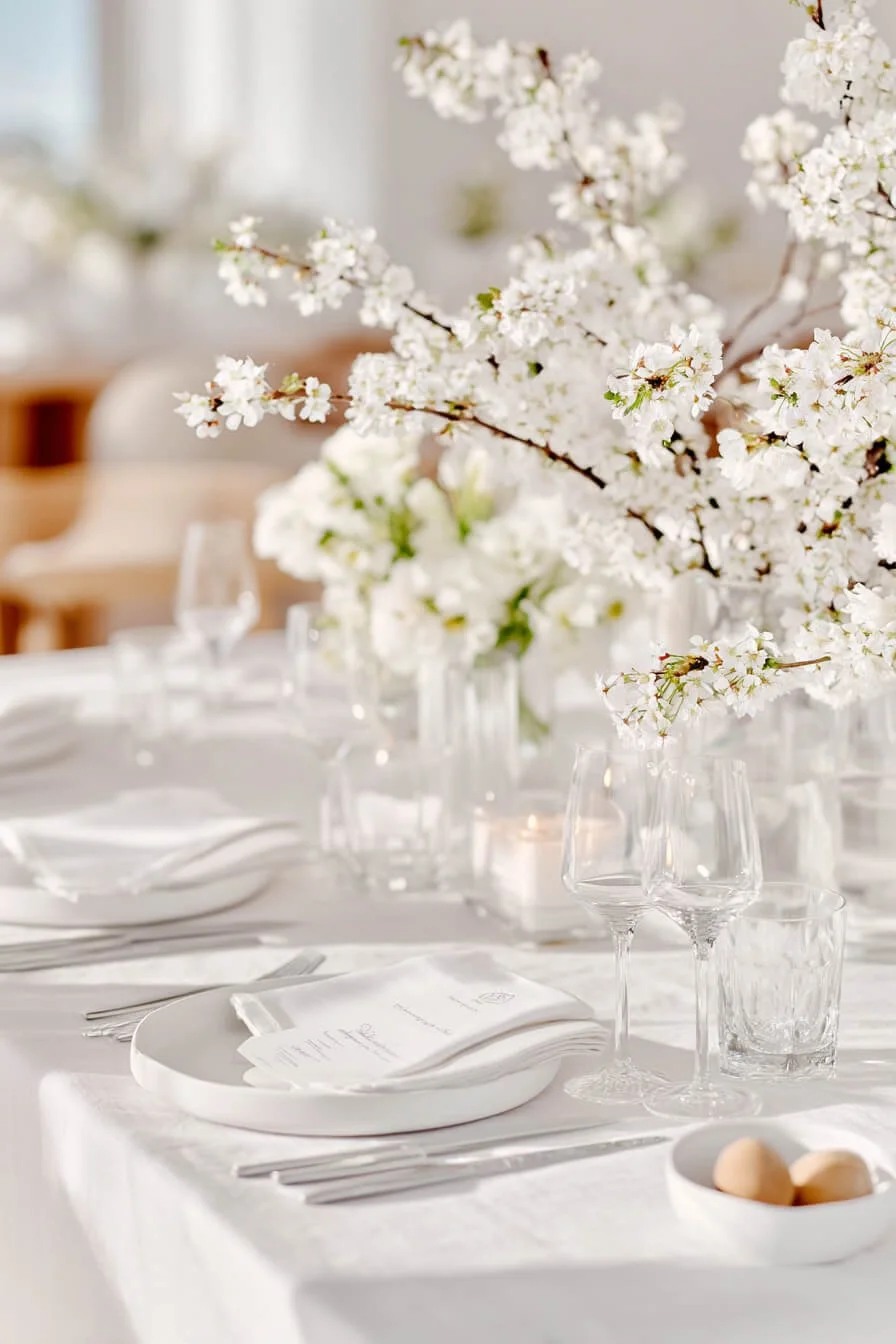 Reduzierte Tischdeko zu Ostern mit weißem Leinen, klarem Glas, weißen Blütenzweigen und wenigen Natur-Eiern