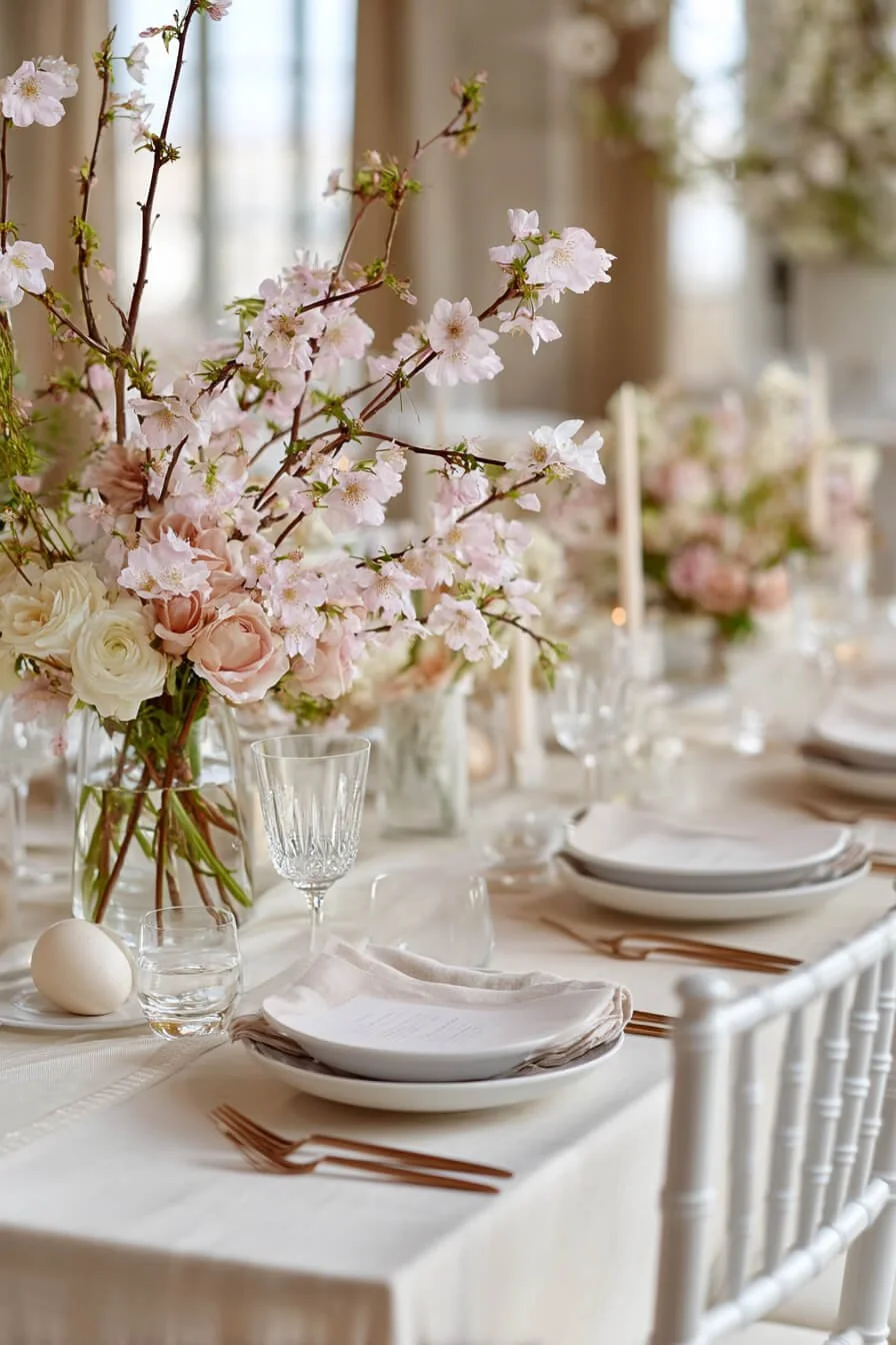 Hochwertige Tischdeko zu Ostern mit cremefarbenem Leinen, weißen Tellern, roséfarbenen Blüten und Tiffany Chairs