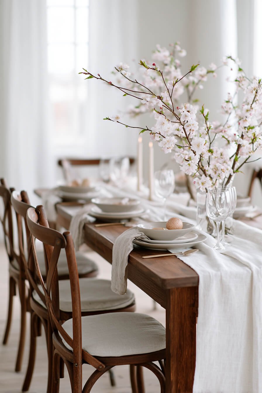 Schlichte Tischdeko zu Ostern mit Holztisch, Leinenläufer, Natur-Eiern, klaren Gläsern und blühenden Zweigen