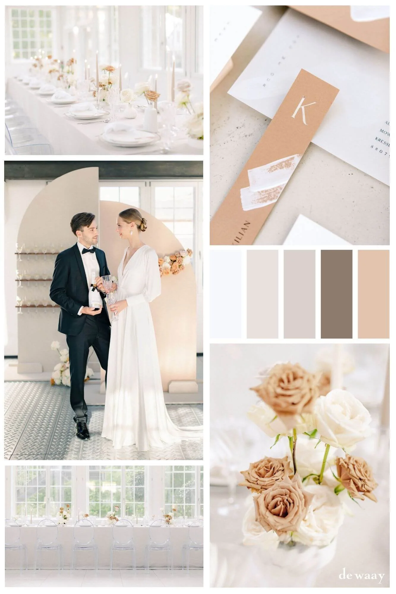 Simple wedding table color palette moodboard with cream, mocha, taupe, soft grey, floral details and elegant neutral table styling by de Waay