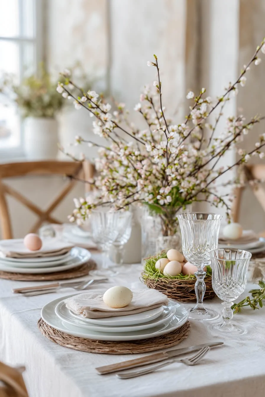Tischdeko Ostern für einen Osterbrunch mit Holztisch, weißen Tellern, natürlichen Eiern und blühenden Zweigen