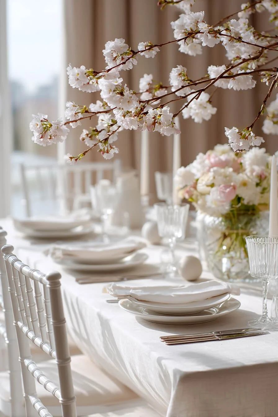 Stimmige Tischdeko zu Ostern mit weißen Tiffany Chairs, Leinentischdecke, Frühlingsblüten und dezenten Ostereiern