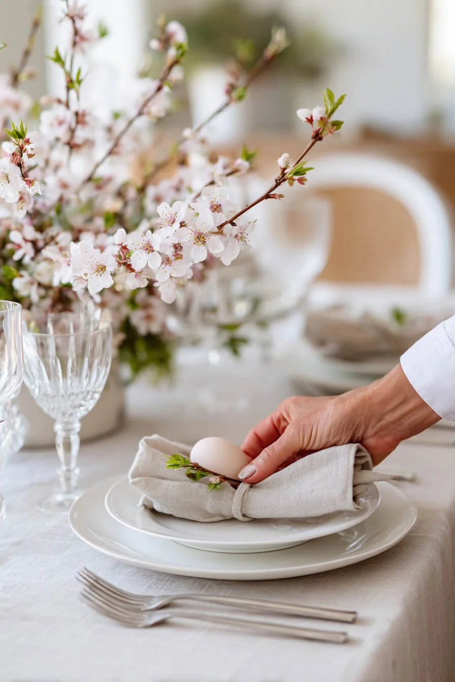 Tischdeko zu Ostern mit blühenden Zweigen, Leinenserviette, weißem Ei und klarem Glas