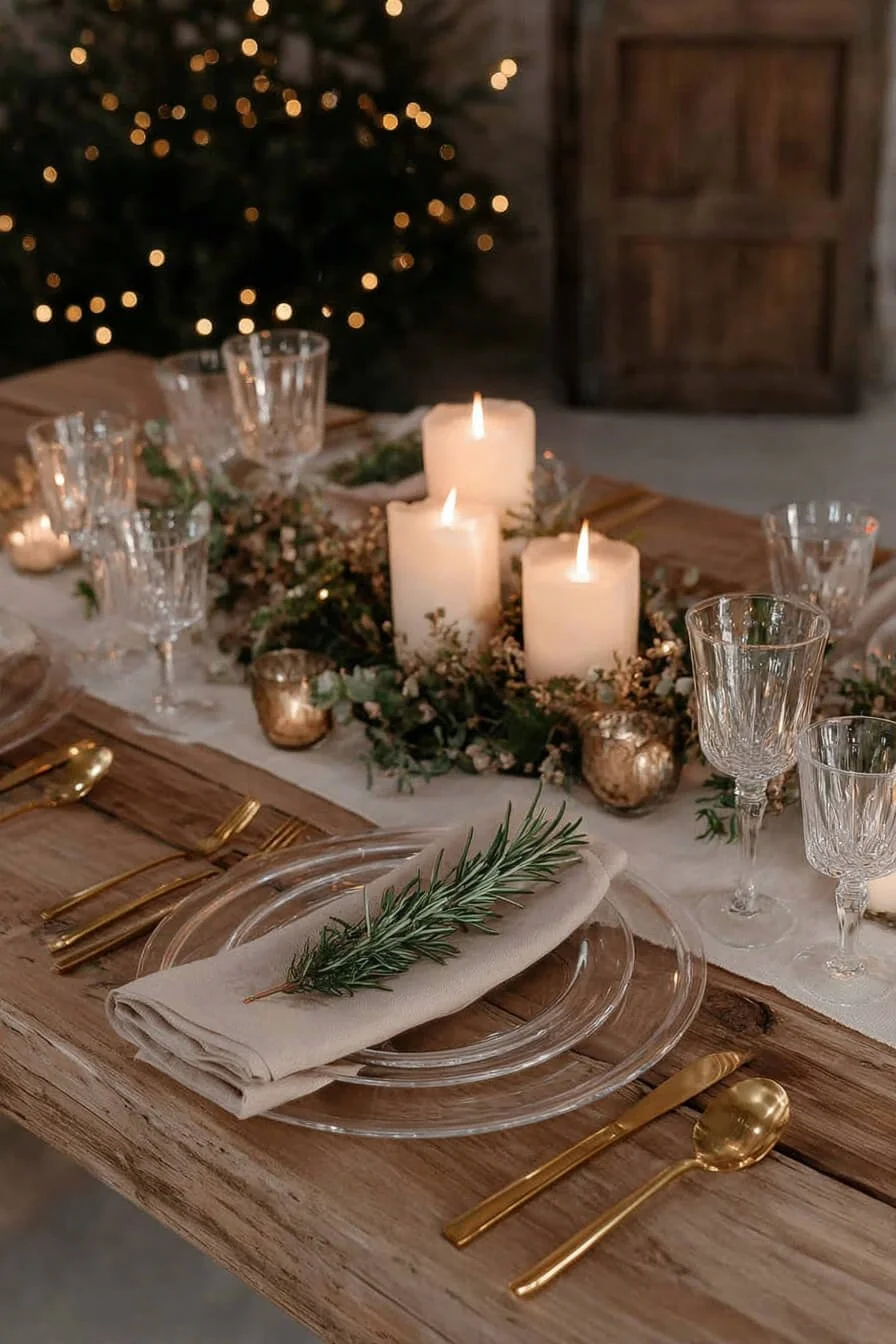 Tipps für die Tischdeko zu Weihnachten in kleinen Räumen: Holztsch mit hellen Akzenten, goldenem Besteck, hellen Kerzen und Tannengrün
