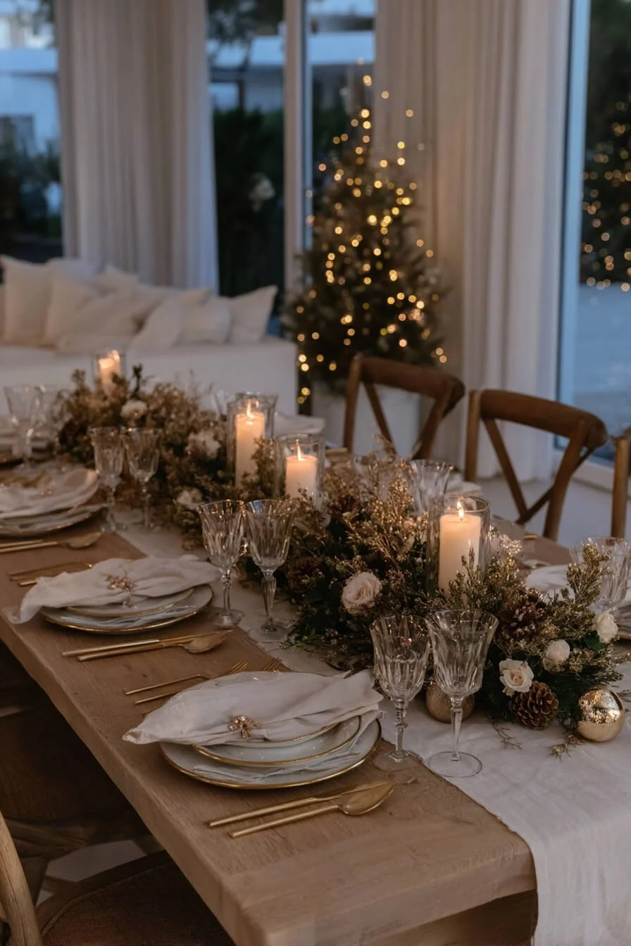 Moderner Weihnachtstisch mit Eukalyptus, Tannenzapfen und goldfarbenem Besteck – stilvolle Weihnachtsdeko in Natur- und Goldtönen für elegante Festtage.