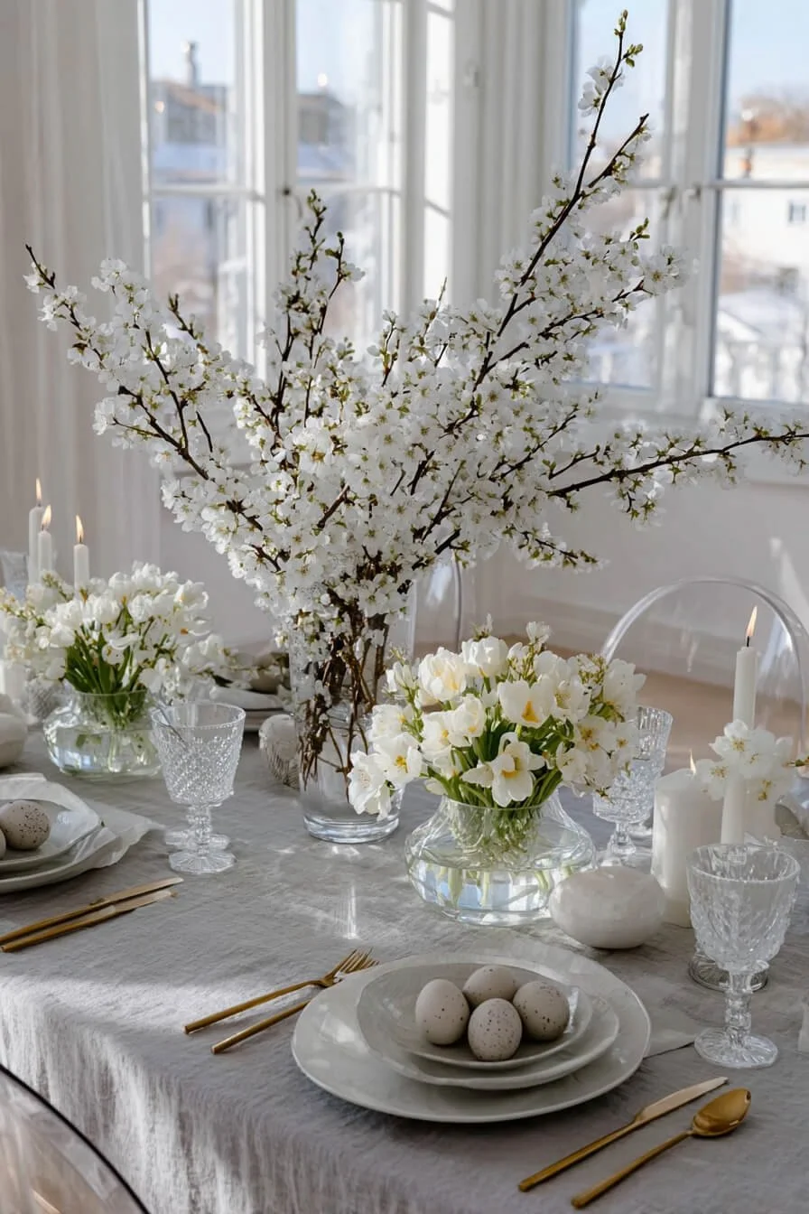 Moderne Tischdeko zu Ostern mit weißem Geschirr, Leinen, klarem Glas, schmalen Kerzen und Ghost Chair