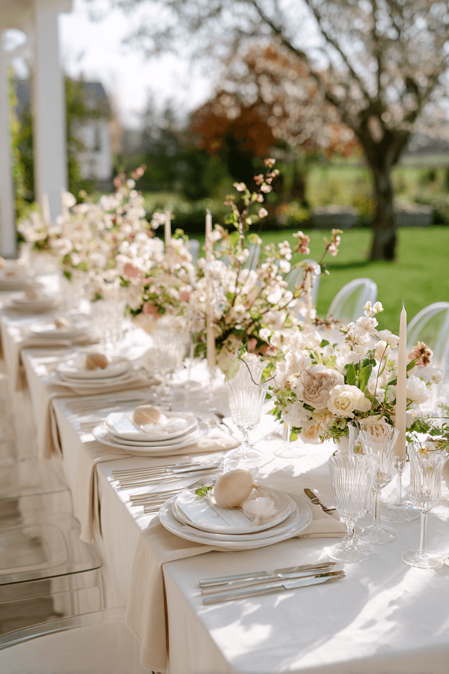 Tischdeko zu Ostern für viele Gäste mit langer einheitlich gedeckter Tafel, Osterdetails und transparenten Stühlen