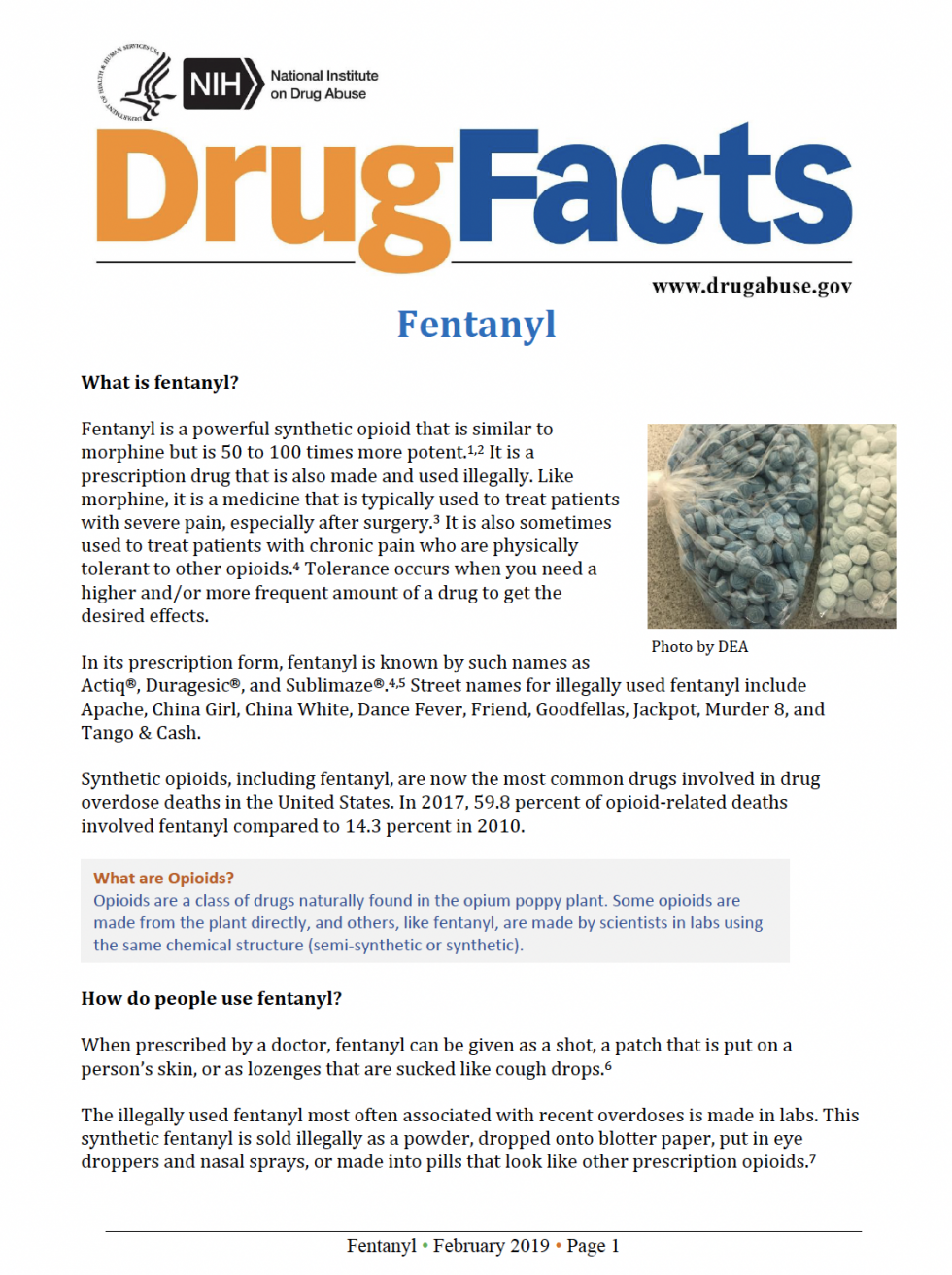 An informational sheet titled "Drug Facts" from the National Institute on Drug Abuse about fentanyl, featuring a photo of small blue and white pills in plastic bags.