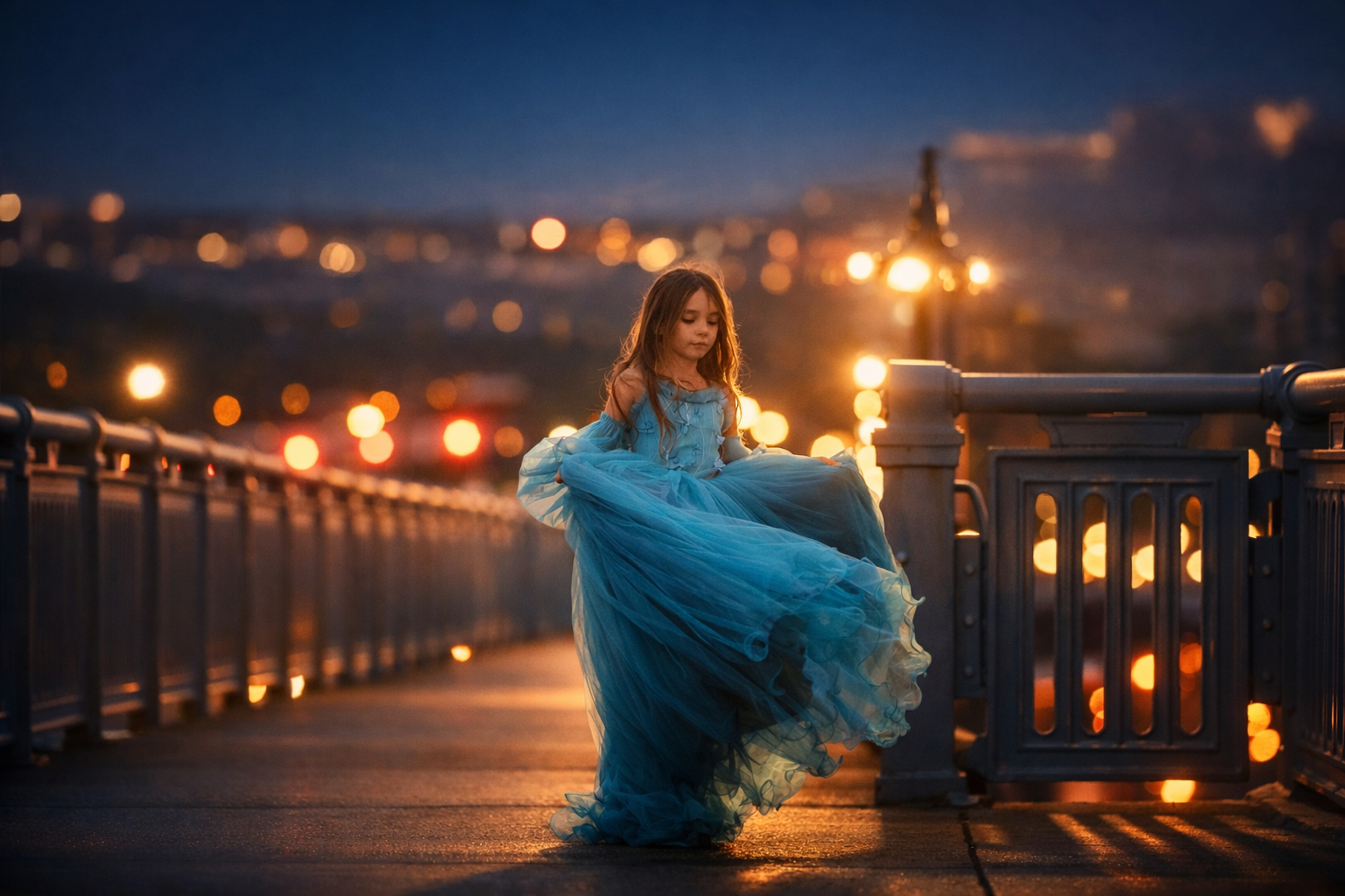 Fine art child portrait in Philadelphia at might, girl in flowing blue dress on a city bridge with glowing lights