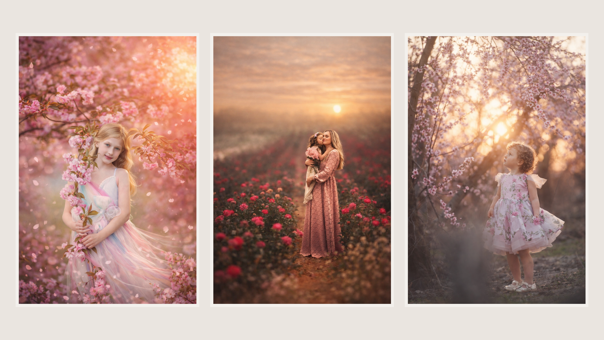 Fine art seasonal portrait collage featuring children and family portraits among cherry blossoms, tulips, and peonies in soft golden spring light.