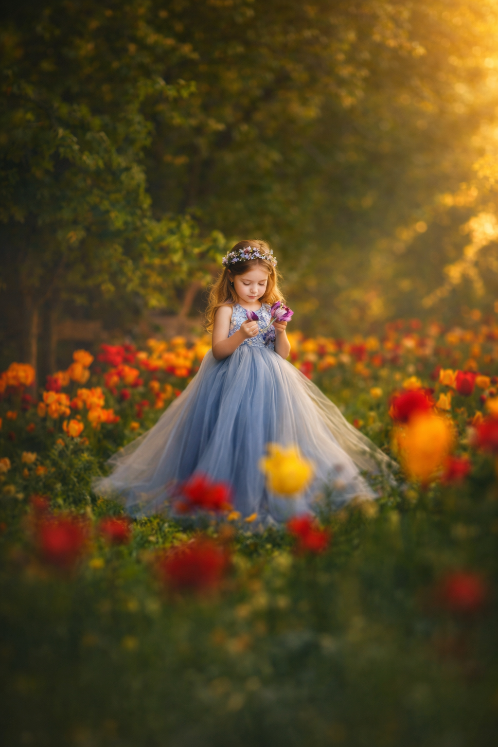 Girl photographed in soft spring light among blooming tulips during an outdoor family portrait session in New Jersey
