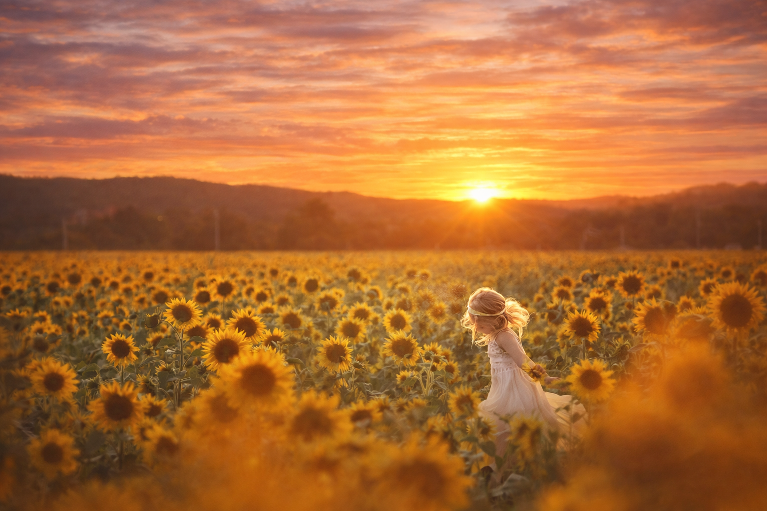 Young child in a flowing dress running through a golden sunflower field at sunset during a fine art children’s portrait session in South Jersey