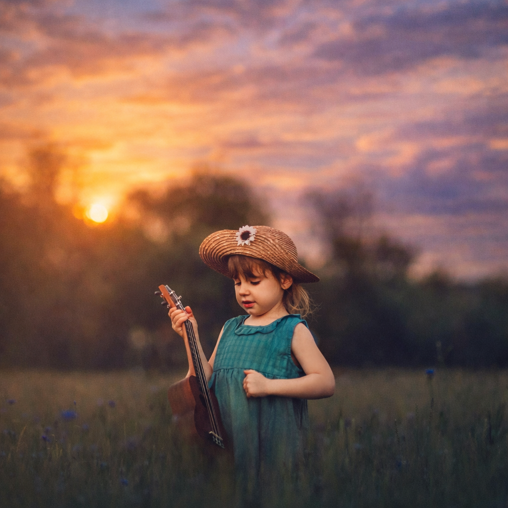 A young child stands in a softly lit wildflower meadow at sunset, holding a small wooden ukulele. Wearing a teal dress and a straw hat adorned with a tiny flower, she gazes down thoughtfully as golden light filters through the field. The scene feels 