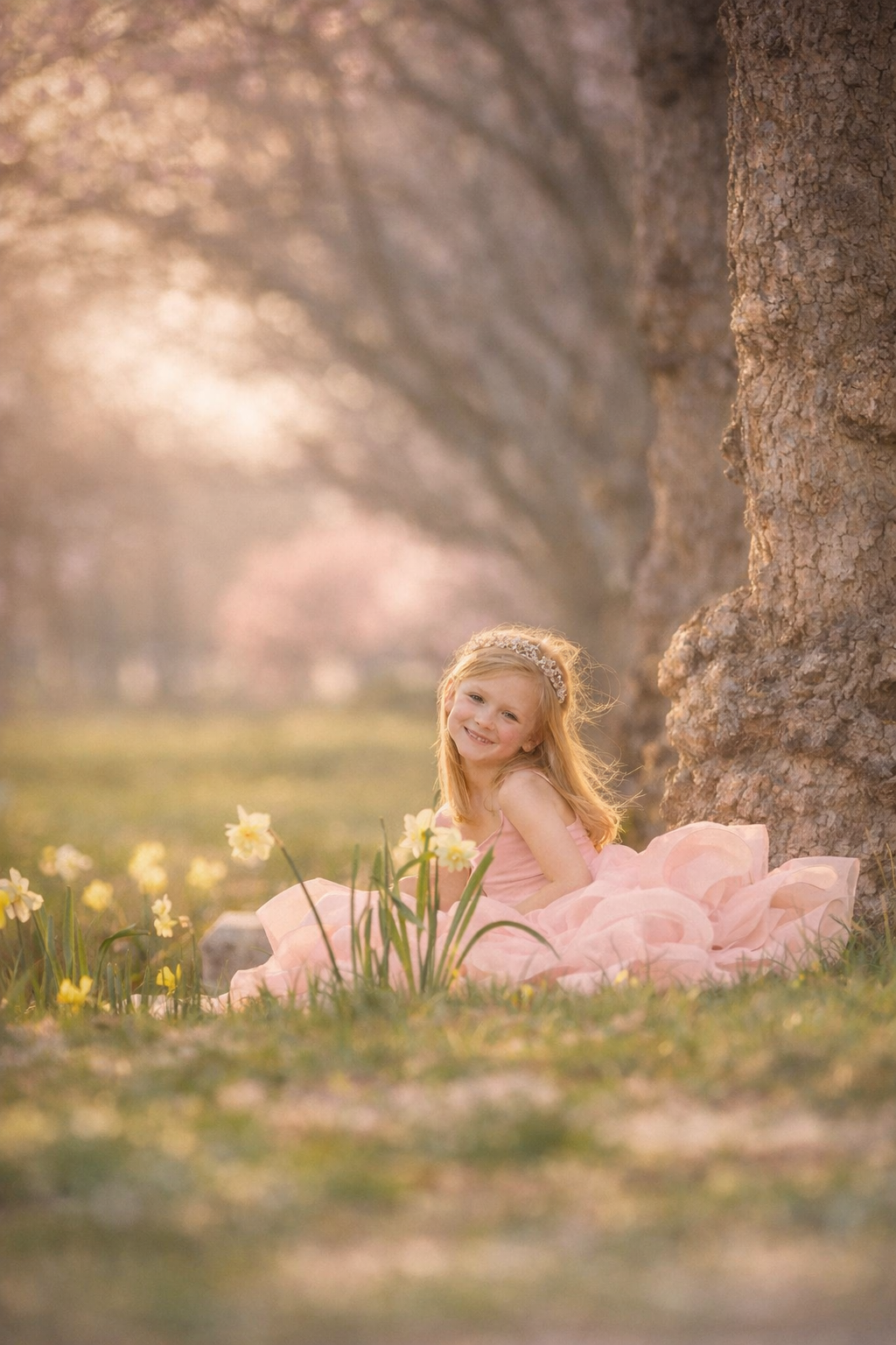 girl smiling in daffodils during spring portrait session in Philadelphia