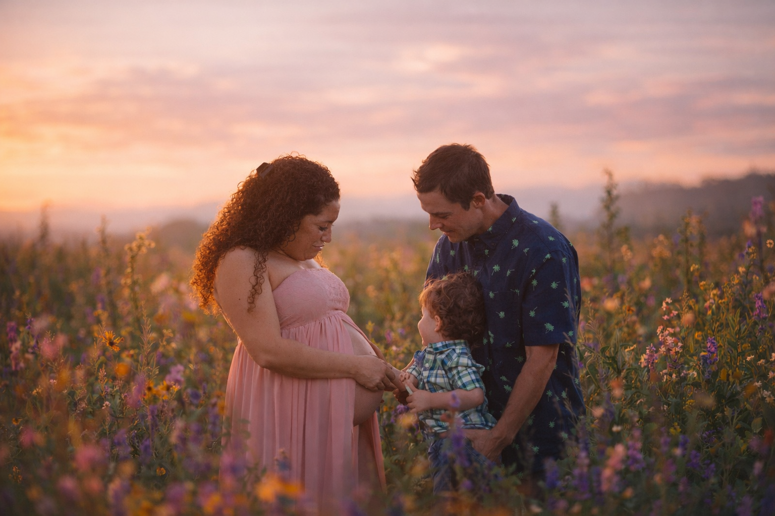 A family shares a quiet, joyful moment together in a blooming wildflower field at golden hour photographed outside of Philadelphia