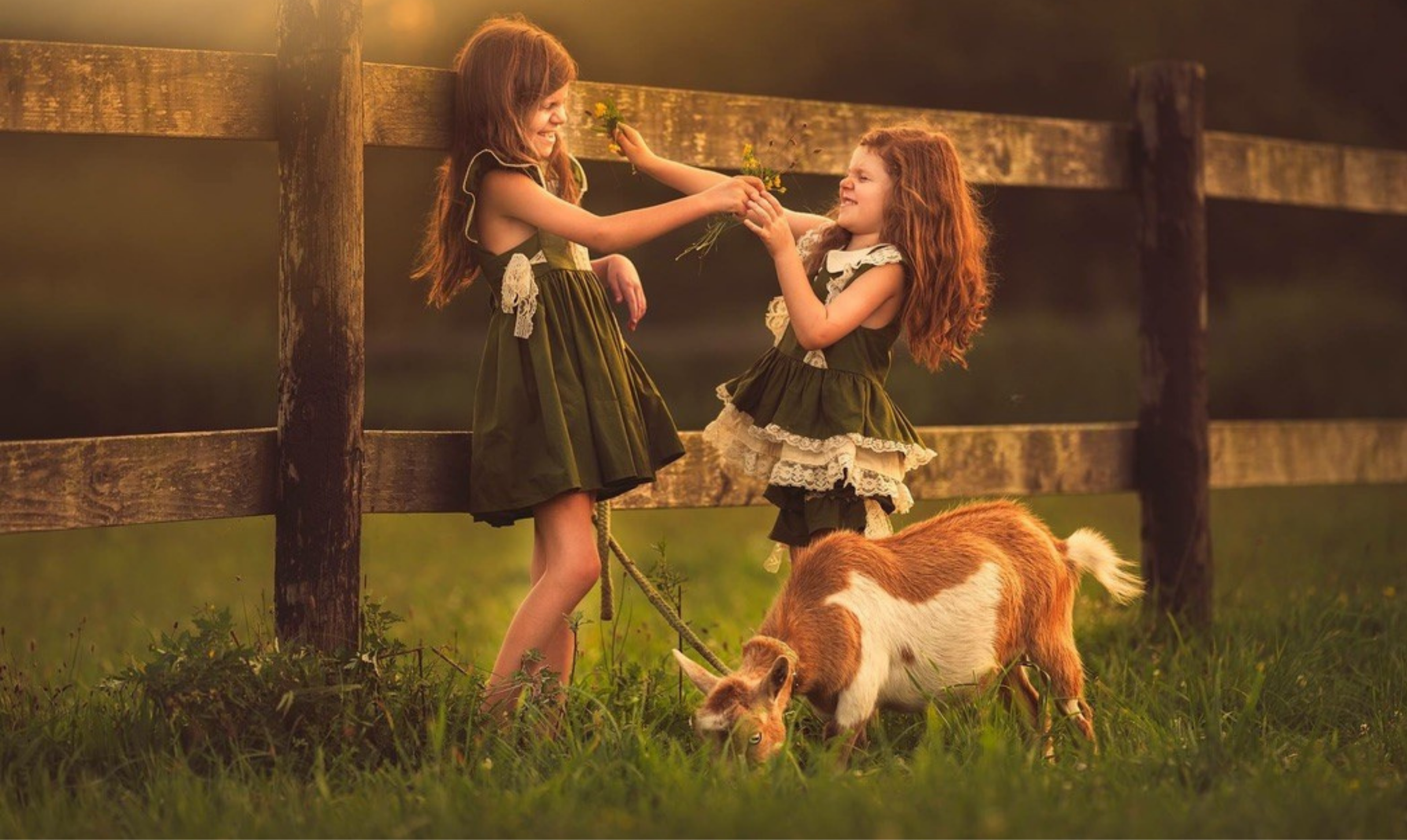 Fine art children's portrait of two young girls sharing a playful moment on a South Jersey farm, styled in dreamy dresses with natural storytelling feel