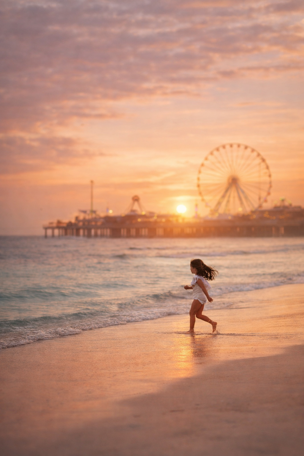 Child running along the shoreline at sunset with the Wildwood Ferris wheel in the background on the New Jersey Shore.