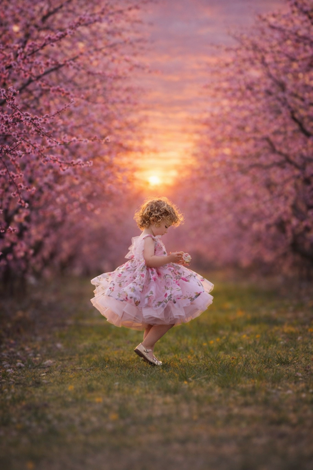 Toddler dancing in warm sunset light during a fine art portrait session