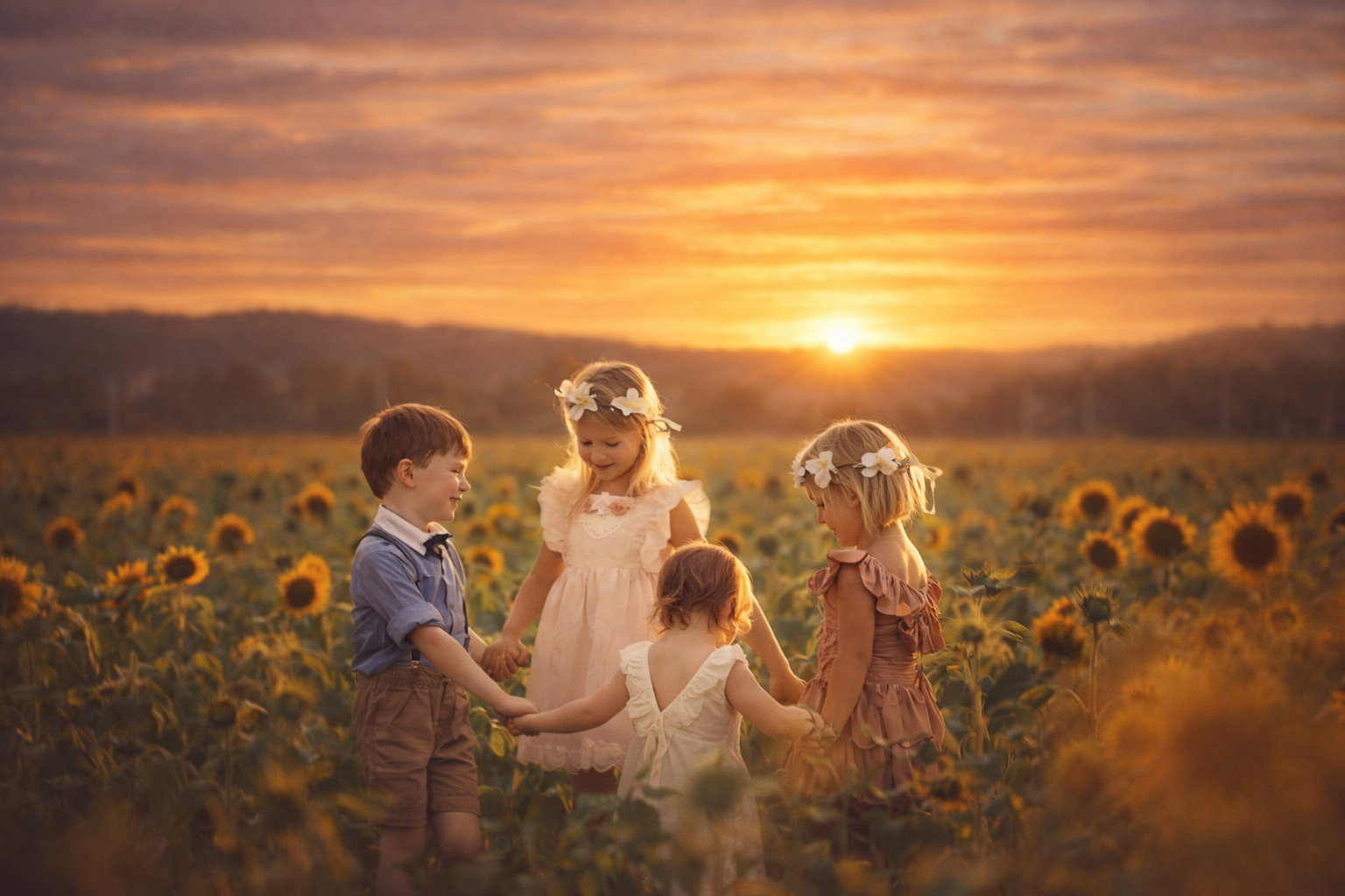 Four children playing Ring Around the Rosie during a sunflower field mini session in New Jersey