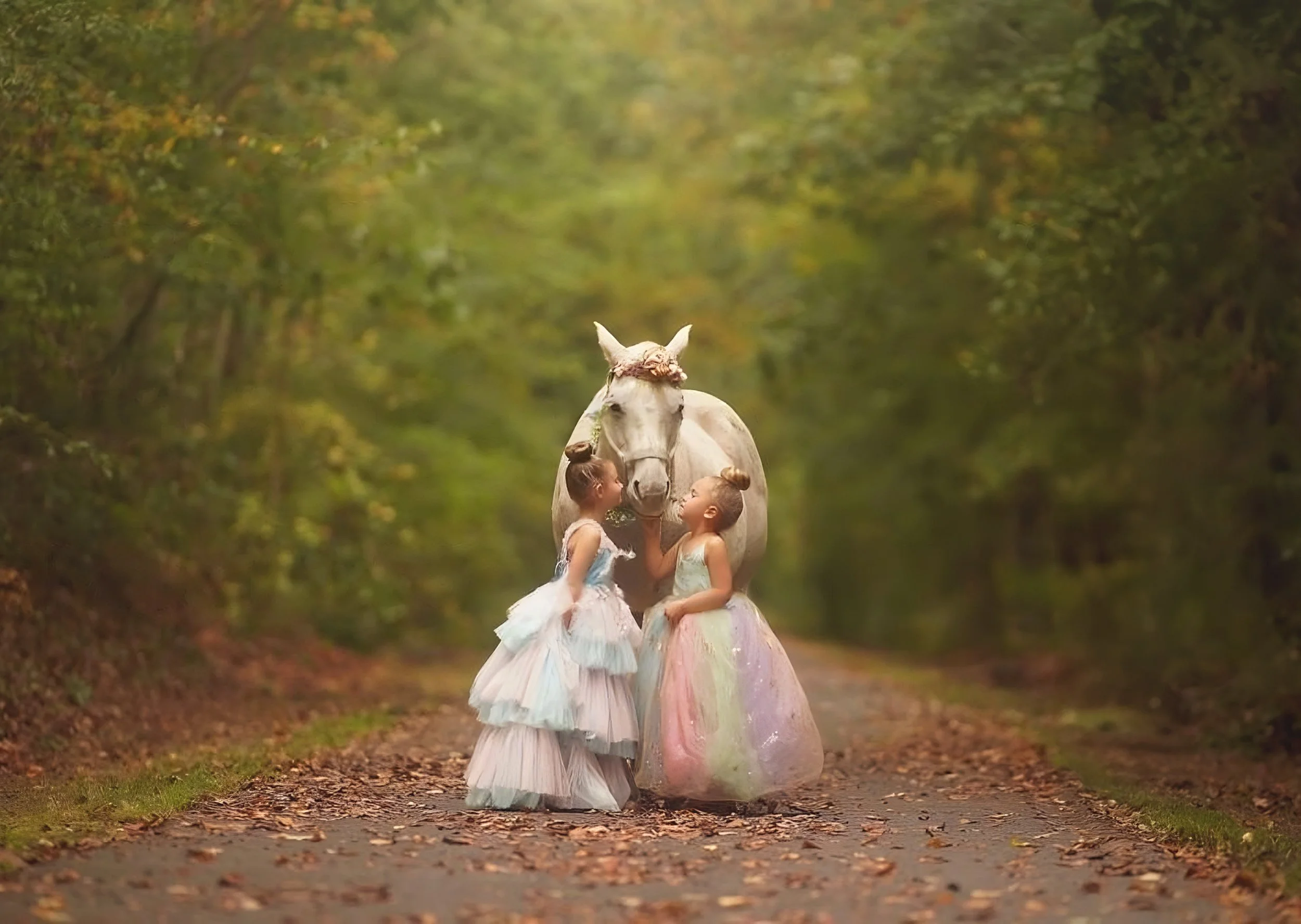 wo girls kissing a unicorn during a magical unicorn photography session in South Jersey