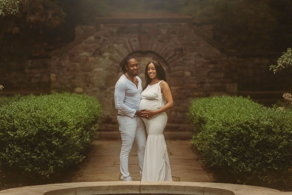 Couple posing together during a maternity session at Ridley Creek State Park near Philadelphia