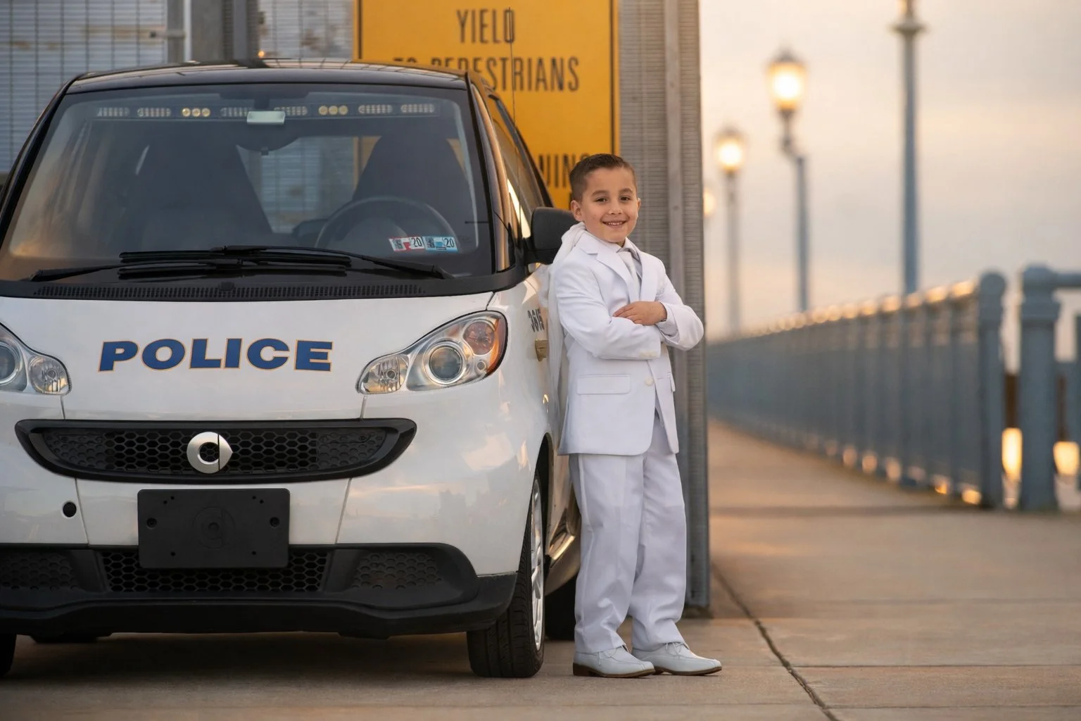 Child in a white suit standing next to a miniature police car on the Benjamin Franklin Bridge in Philadelphia