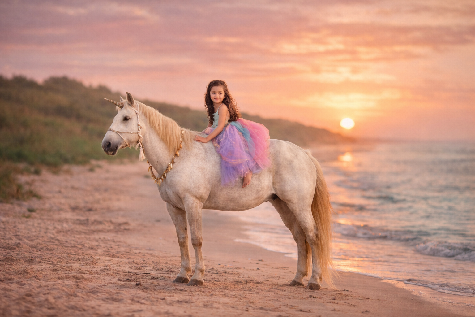 Fine art beach unicorn portrait of a child in a flowing pink and purple gown riding a white unicorn at sunset on the Cape May shoreline in New Jersey.