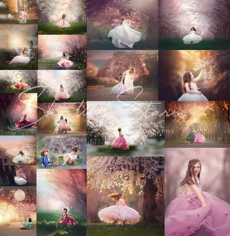 Collage of spring family portraits in Philadelphia and New Jersey featuring pastel tones, flower fields, and golden light photography.