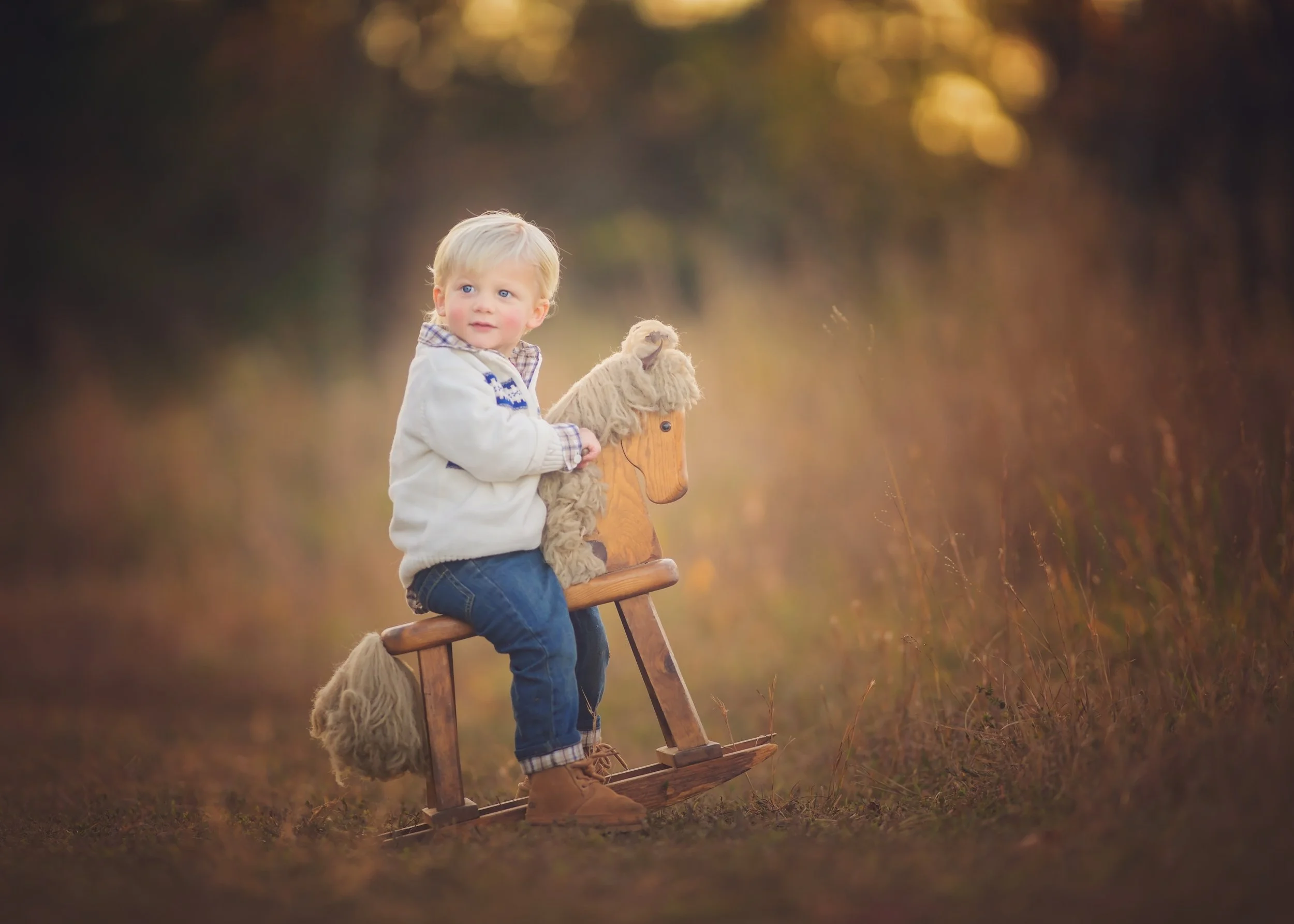 Toddler boy on a rocking horse during a family portrait session near Lake Audrey in Millville NJ captured by a South Jersey photographer.