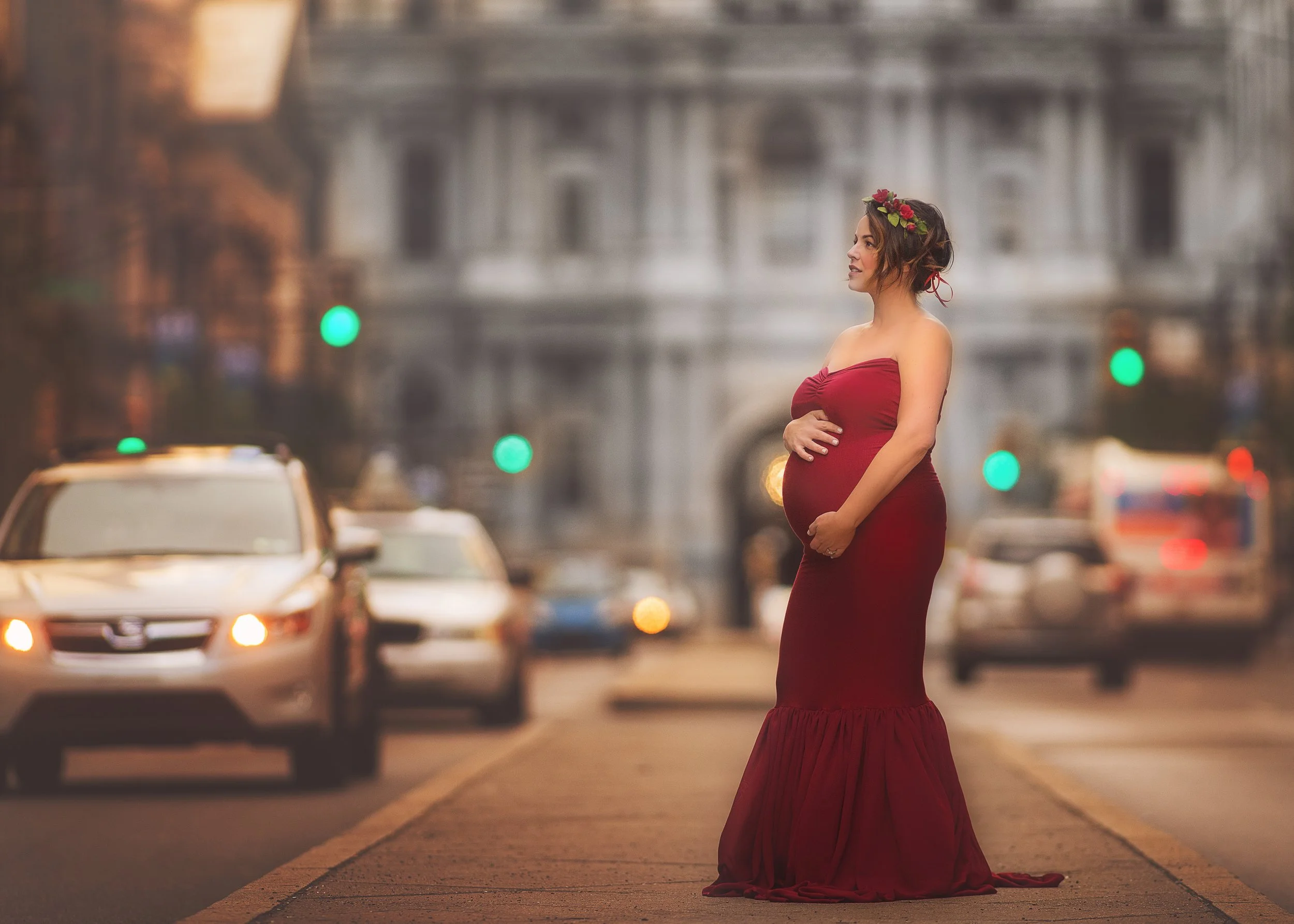 Fine art maternity portrait of mother and daughters in urban Philadelphia setting