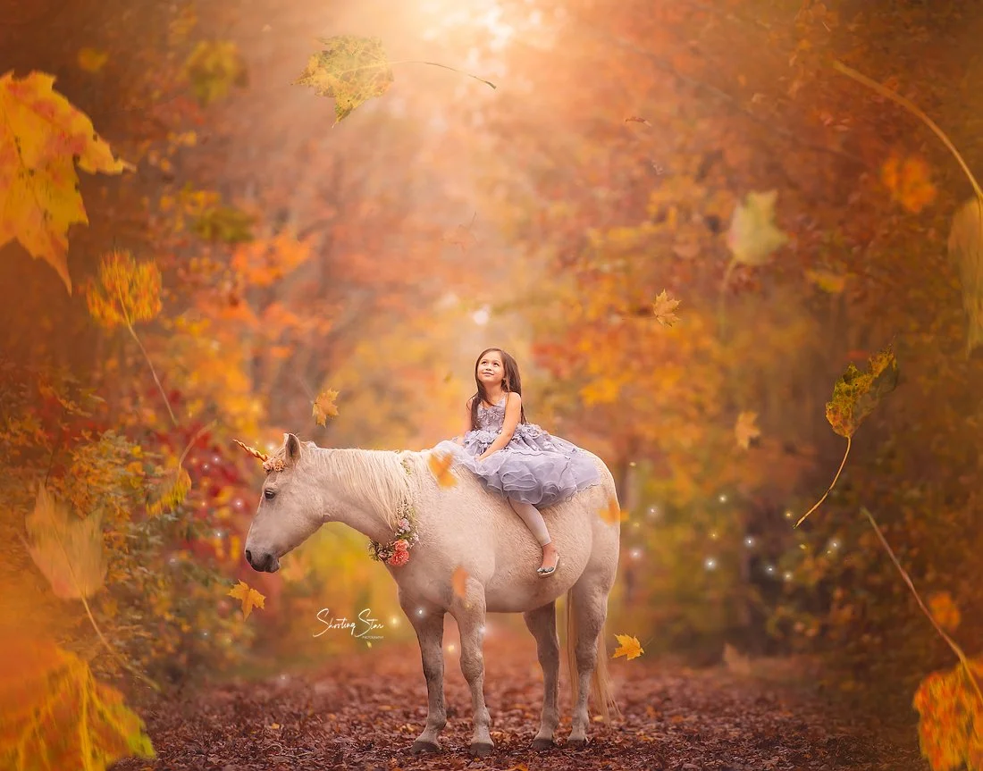 Young girl in silver dress riding unicorn in forest during South Jersey portrait session