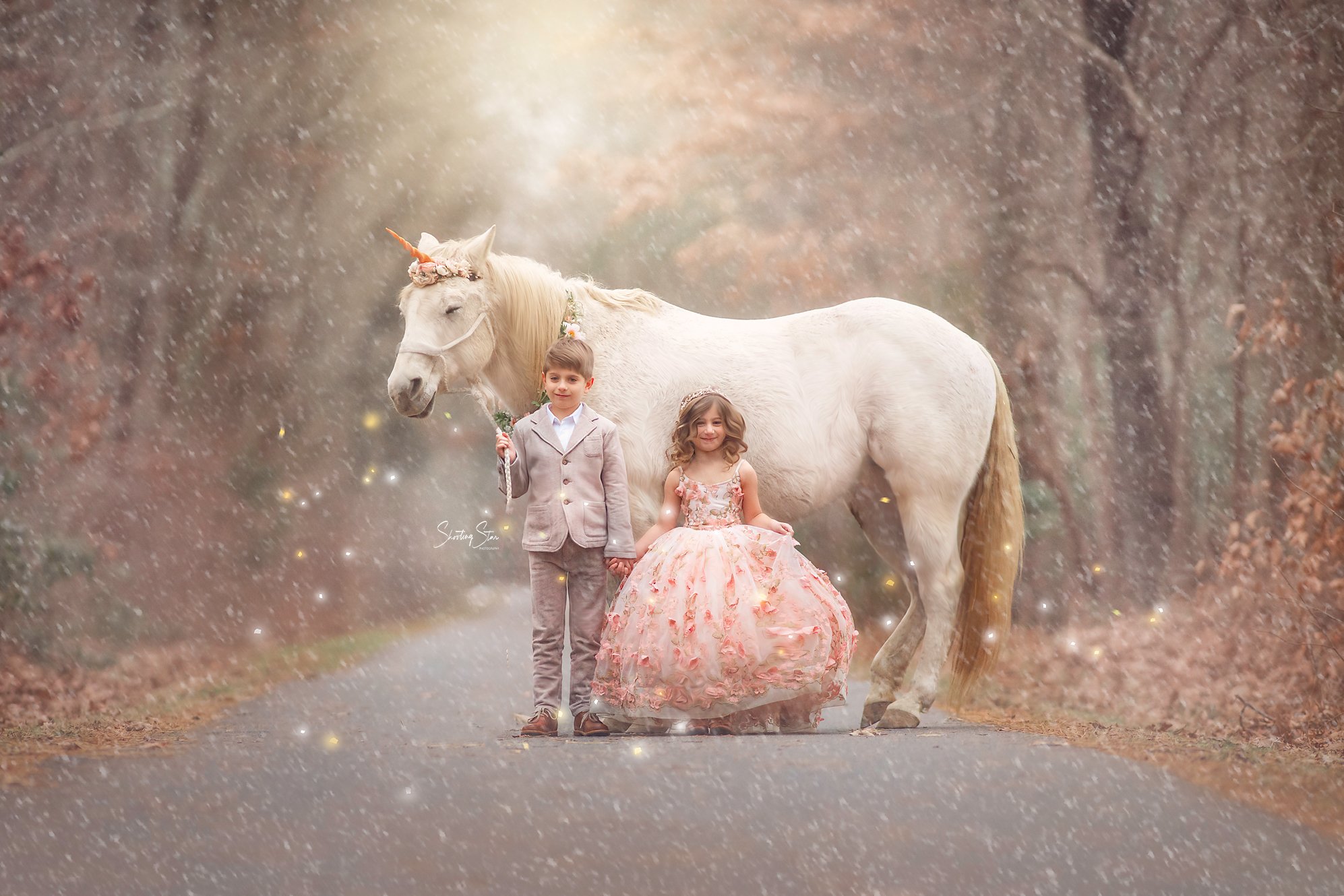 A brother and sister posing together in the snow during a winter portrait session, sharing a quiet, joyful moment.
